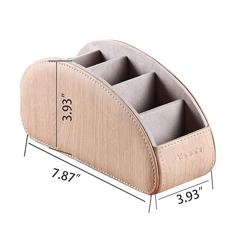 Leather TV Remote Control Holder with 5 Compartments Nightstand Desktop Air Conditioner Media Player Remote Caddy Storage Box Organizer Tray For Makeup Brush Pen Stationary Table Controller