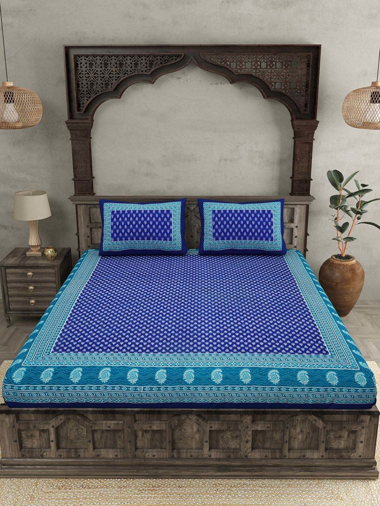 JaipurFabric Navy 100% Pure Cotton 120 TC Double Bedsheet with 2 Pillow Covers