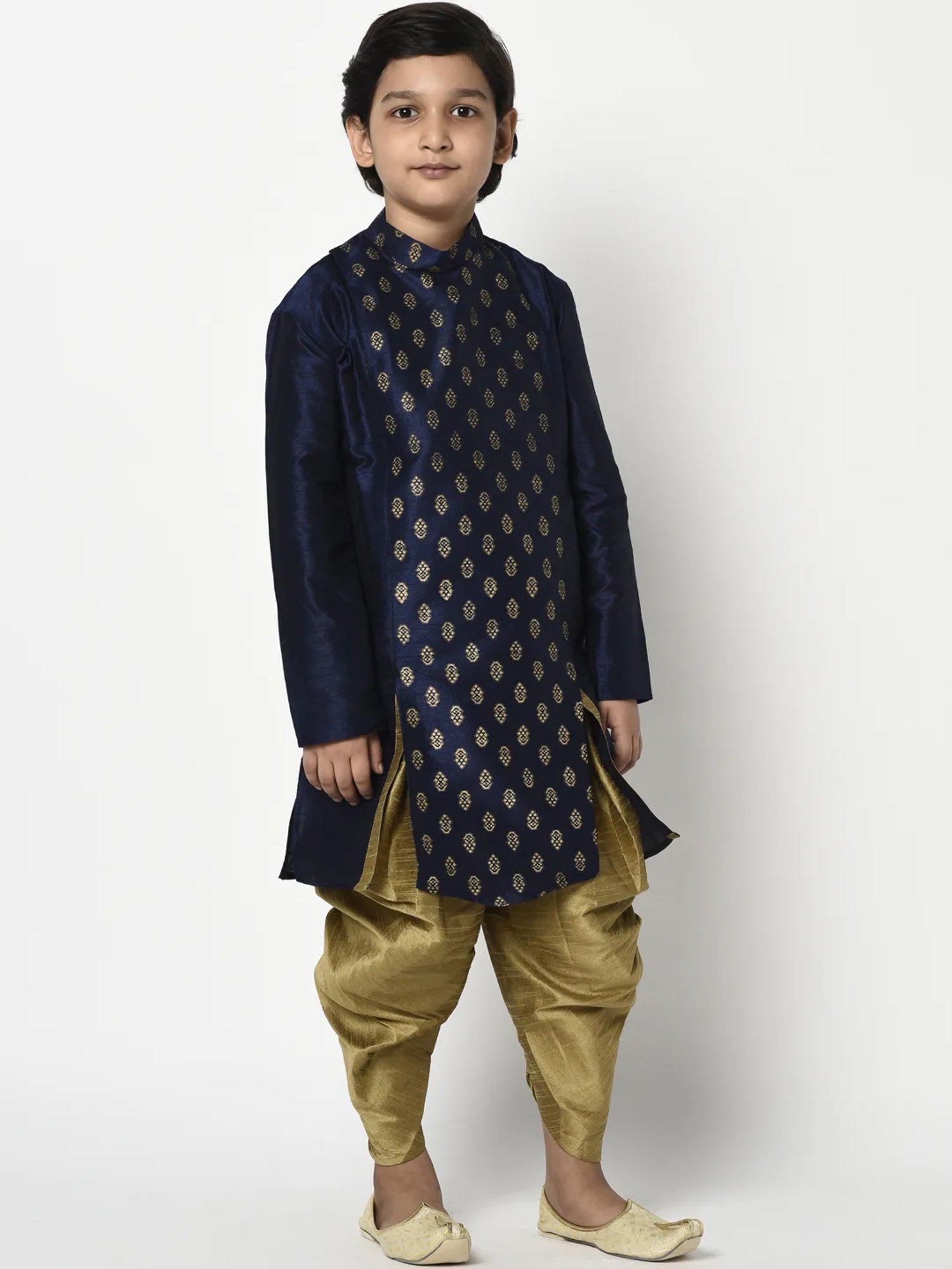 Deyann Kids Navy & Gold Self Design Full Sleeves Kurta with Patiala