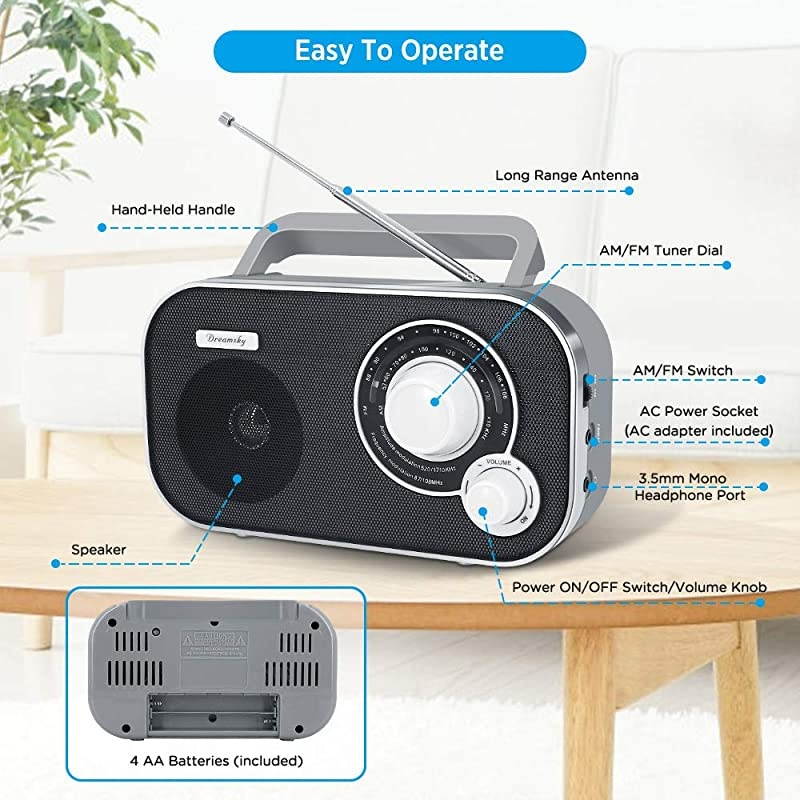Portable AM FM Radio with Great Reception Battery Operated Radio AC Outlet Powered Radios with Headphone Jack Handheld Transistor Radios Small Gifts for Seniors Emergency Indoor Outdoor