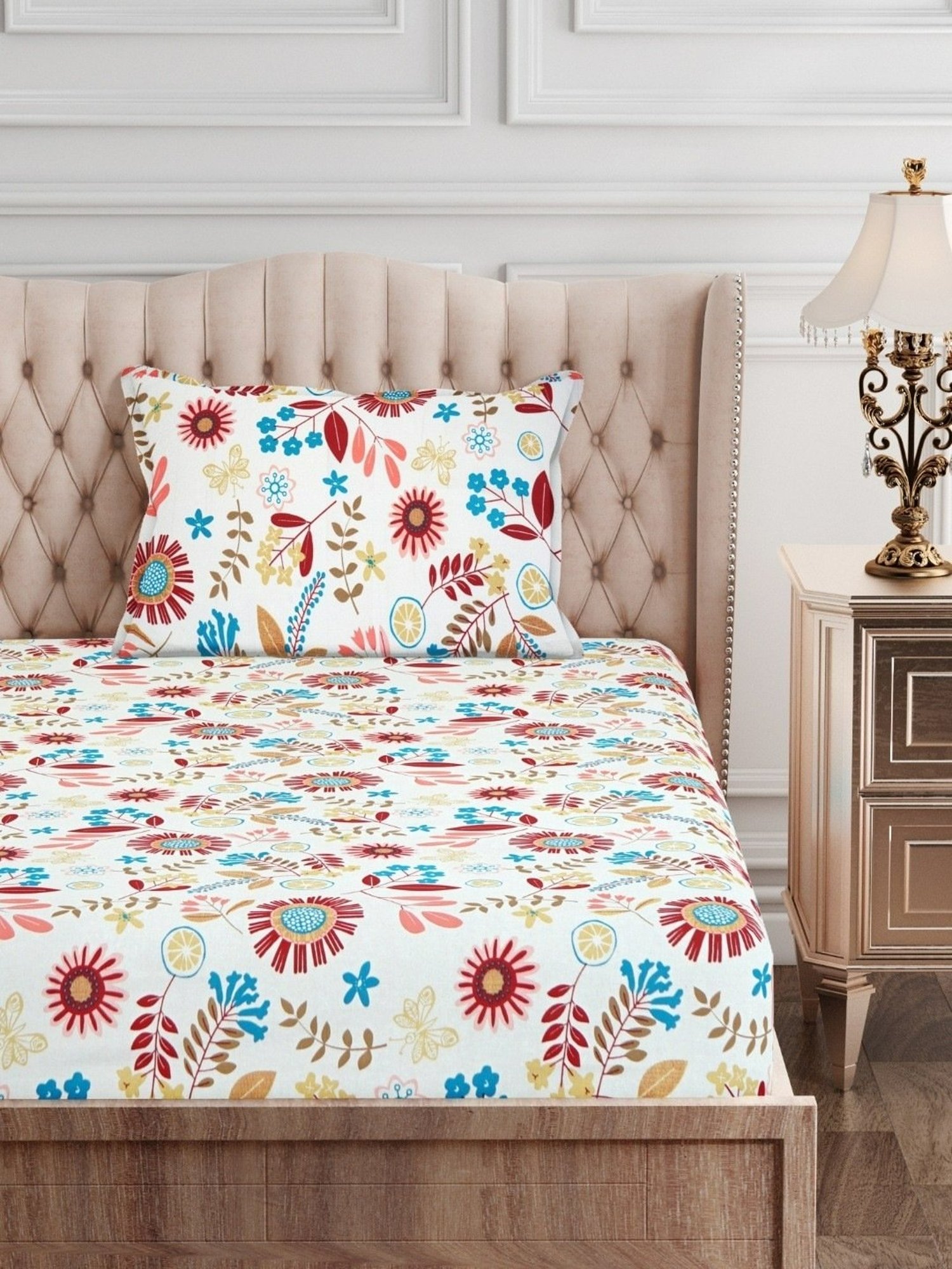 SEJ by Nisha Gupta Floral Maroon 144 TC Cotton Single Bed Sheet with 1 Pillow Cover