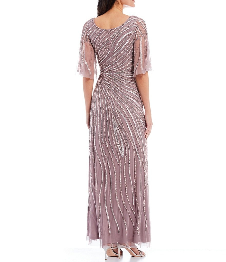 Aidan Mattox Flutter Sleeve Scoop Neck Beaded Mesh Gown