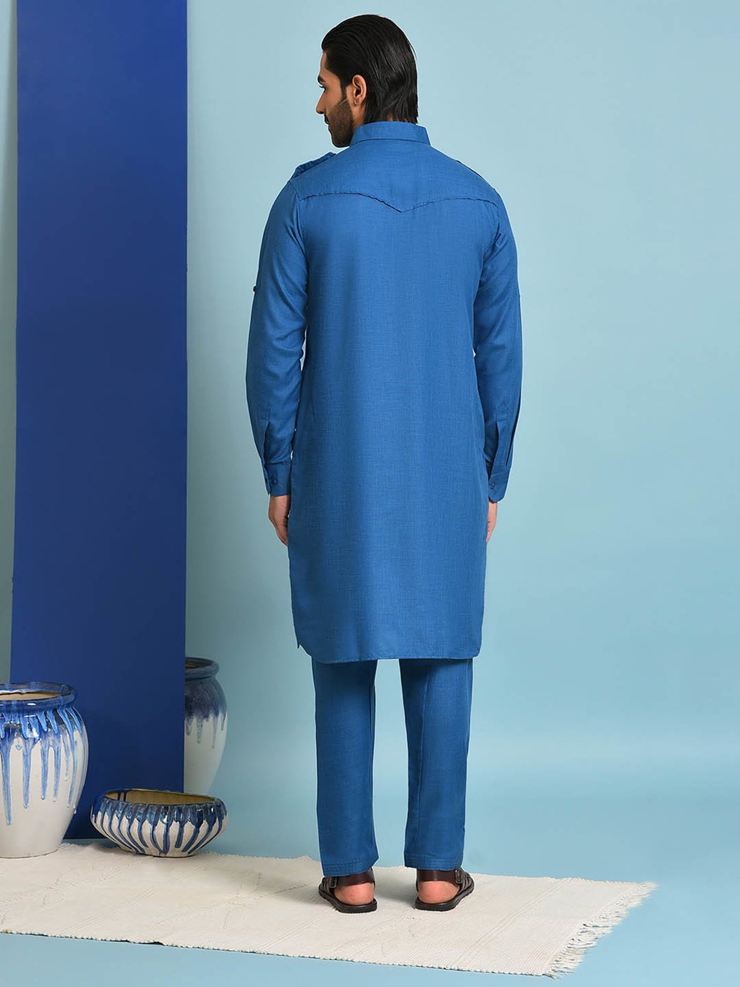 Hangup Dark Slate Blue Regular Fit Pathani Kurta & Pyjamas Set