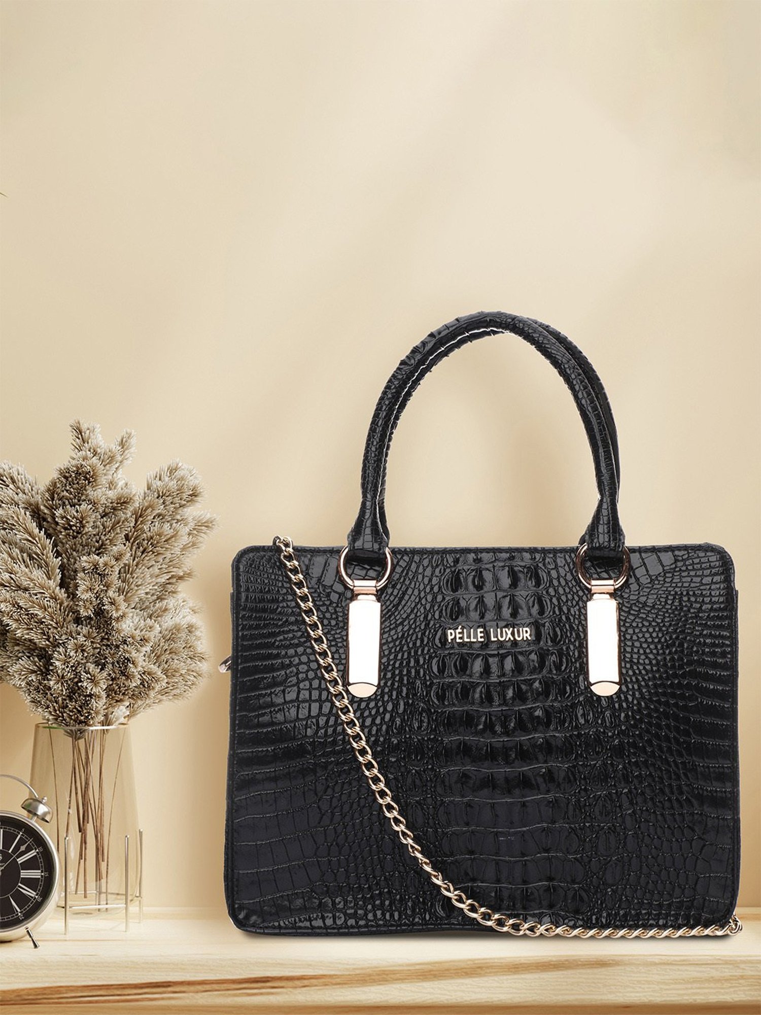 PELLE LUXUR Black Animal Effect Medium Satchel HandBag