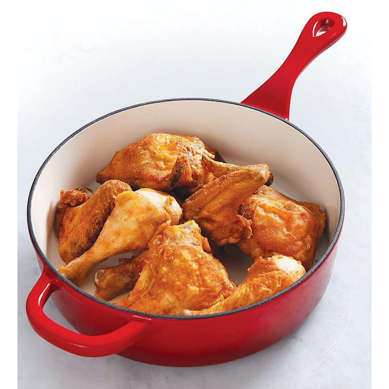 Crock-Pot Artisan 3.5 Quart Deep Low Maintenance Nonstick Enameled Cast Iron Cooking Saute Pan with Innovative Self Basting Lid, Red