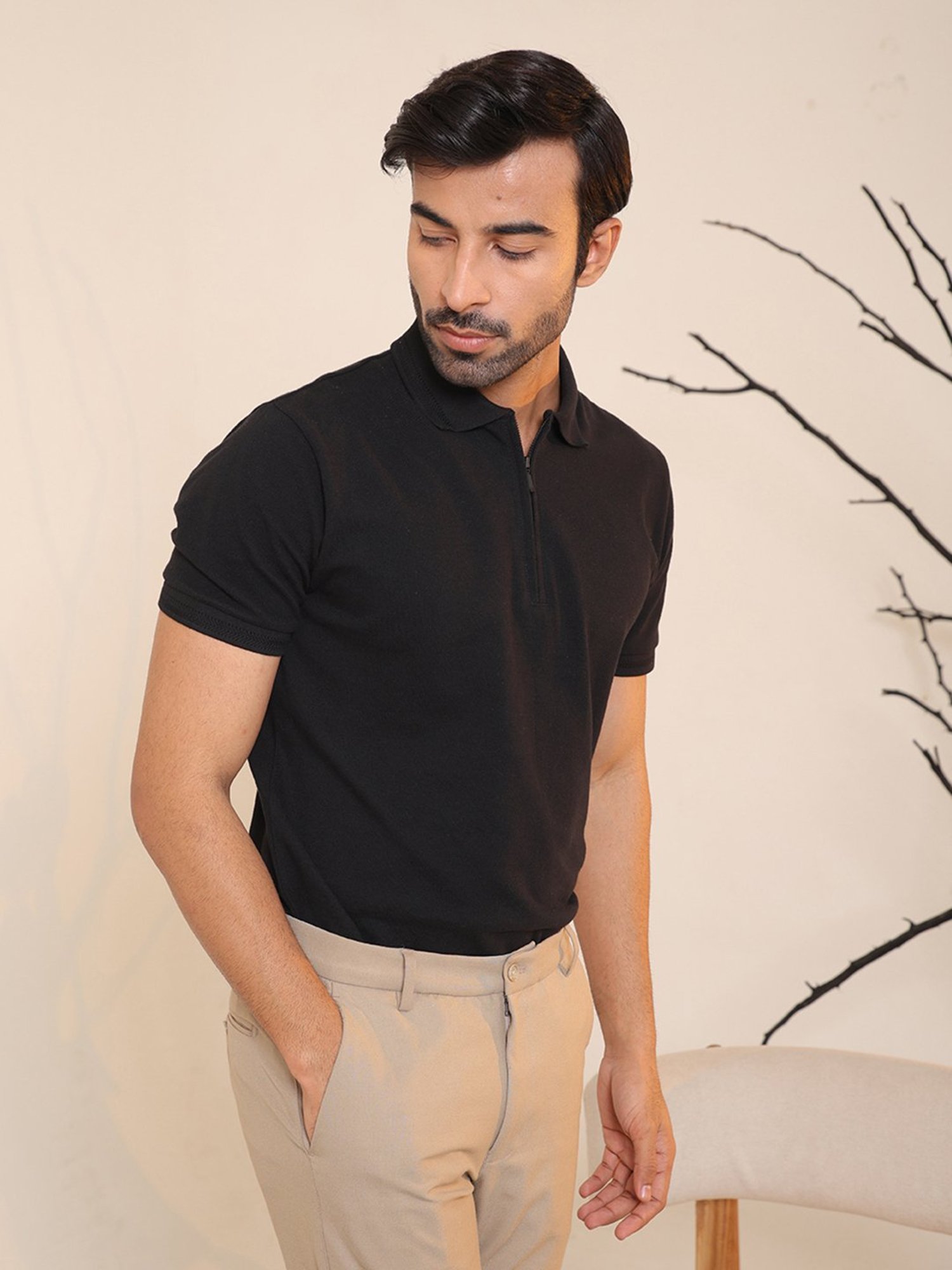 SUBTRACT Black Regular Fit Cotton Polo T-Shirt