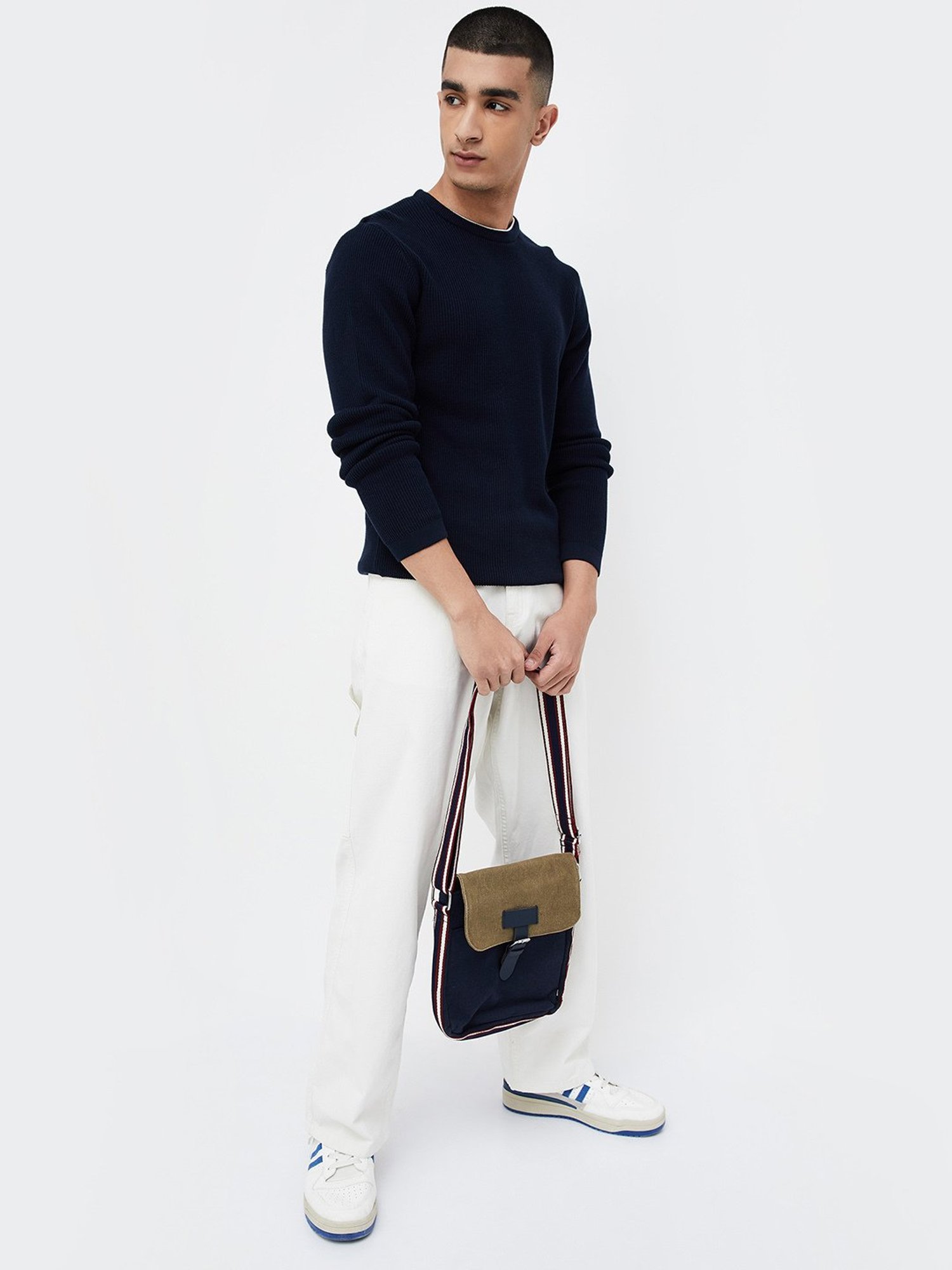 Forca by Lifestyle Navy Regular Fit Self Design Crew T-Shirt