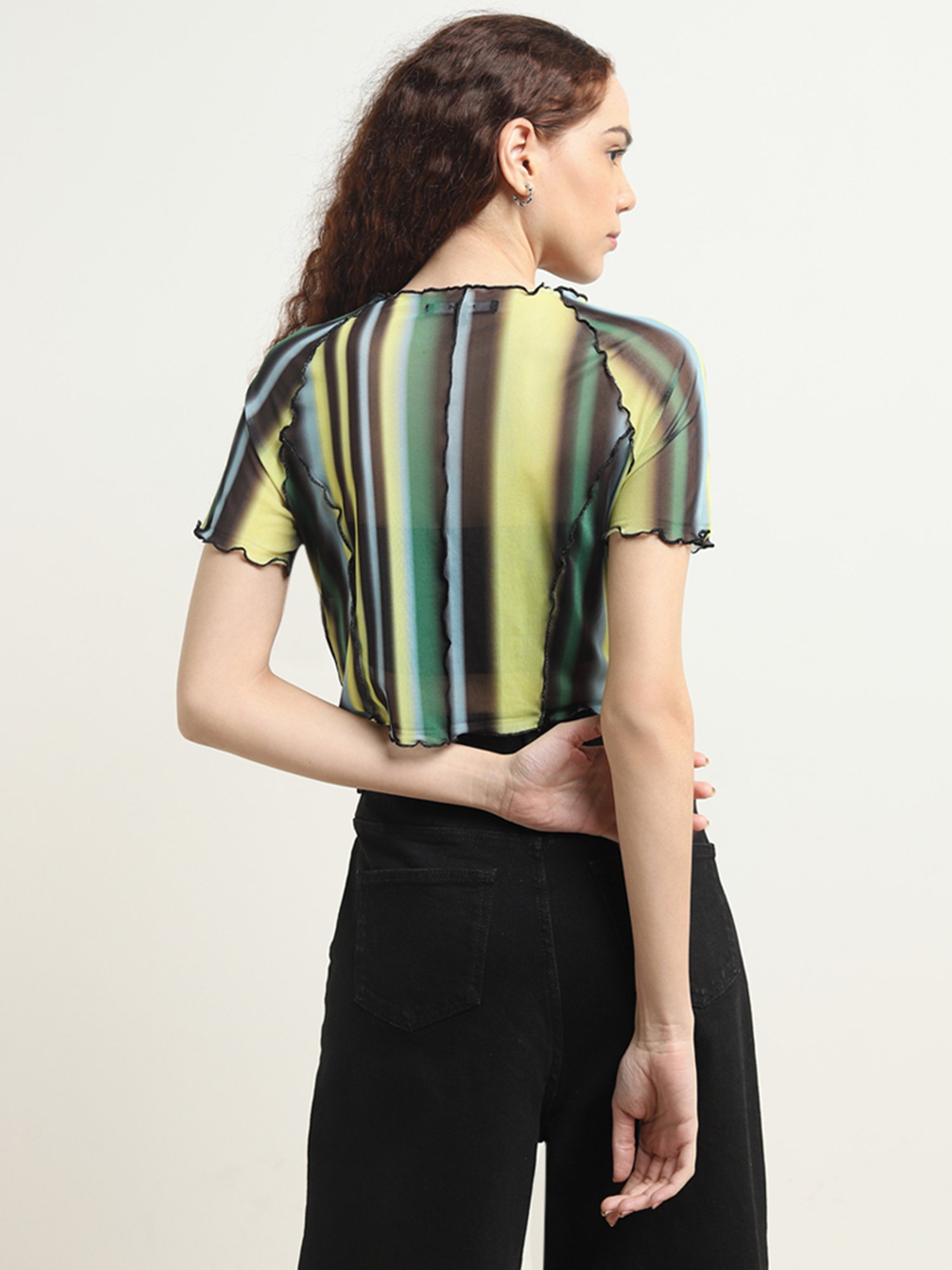 Nuon by Westside Lime Stripe Printed Mesh Top