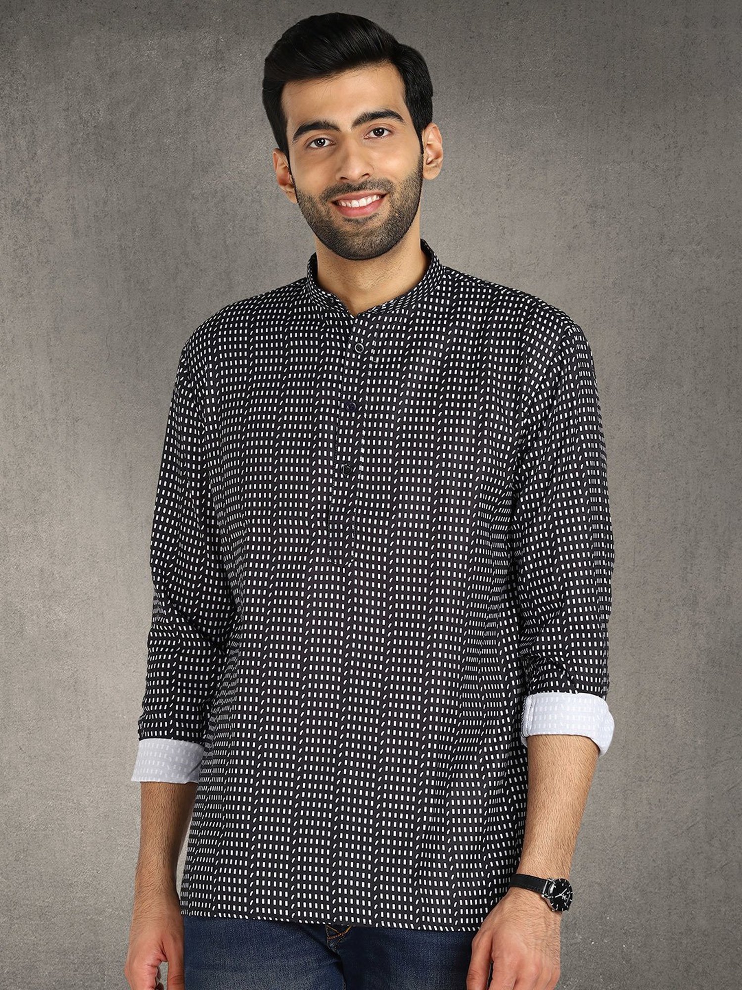 Hangup Plus Black Regular Fit Printed Short Kurta