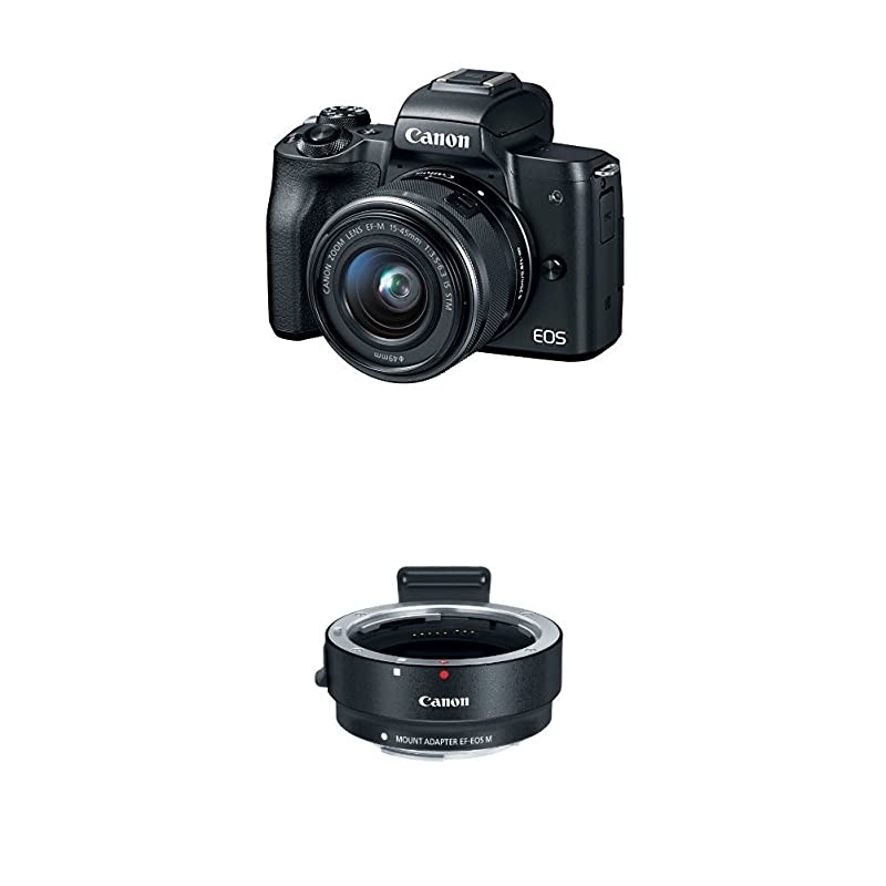 EOS M50 Mirrorless Camera Body and EF-M15-45mm Lens with Dual Pixel CMOS AF and 4K Video and  EOS M Mount Adapter - Black