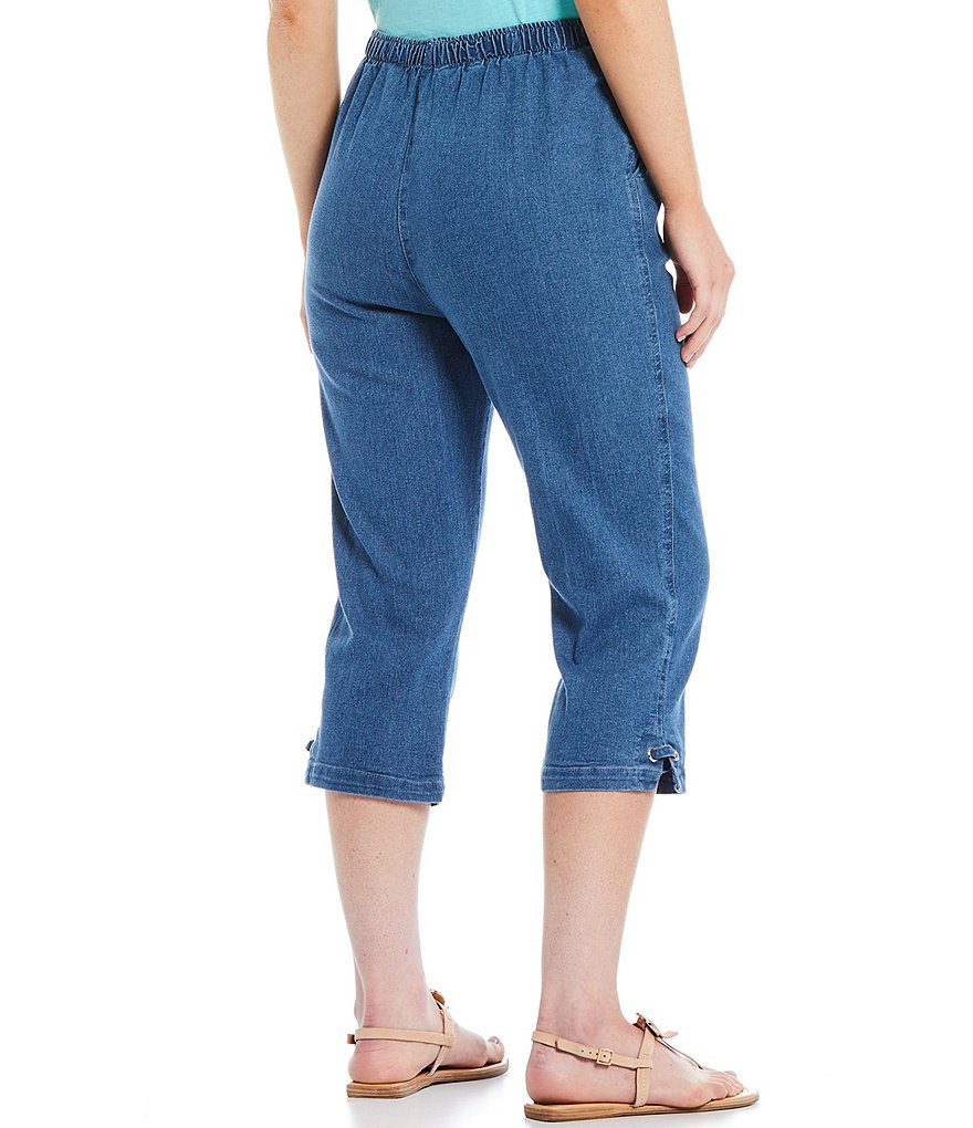 Allison Daley Stretch Denim Silver Ring Hem Detail Pull-On Capri Pants