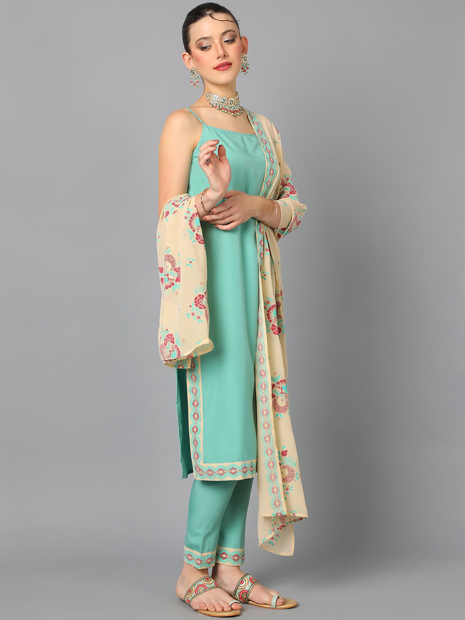 Ziyaa Aqua Green Printed Kurta With Pant & Dupatta