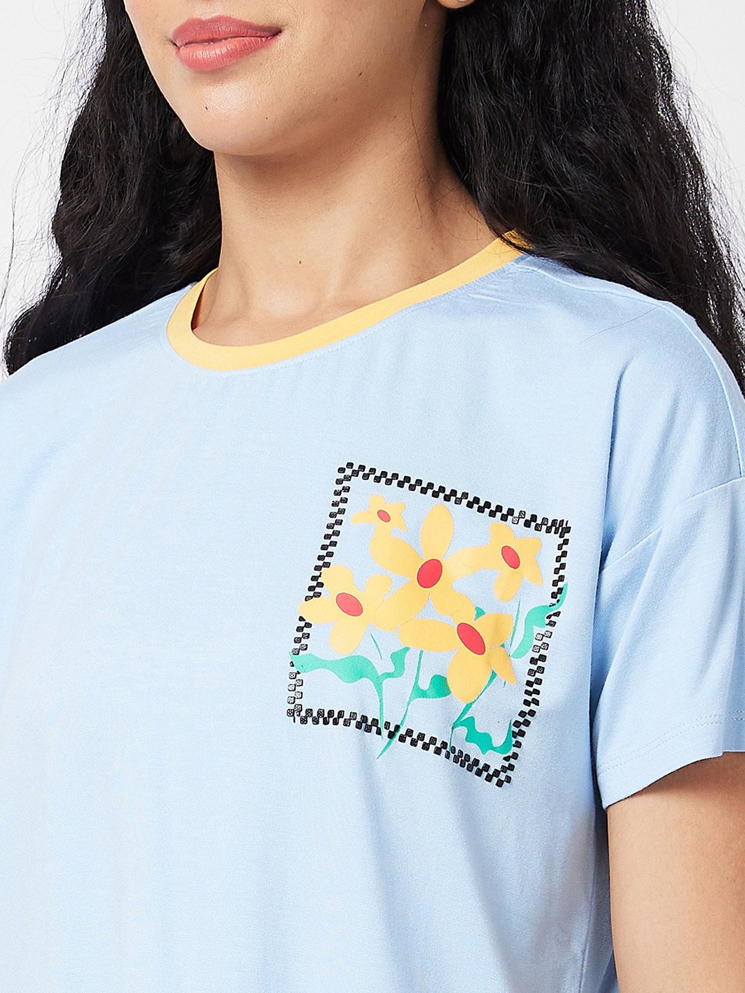 Spykar Sky Blue Floral Print Crop T-Shirt