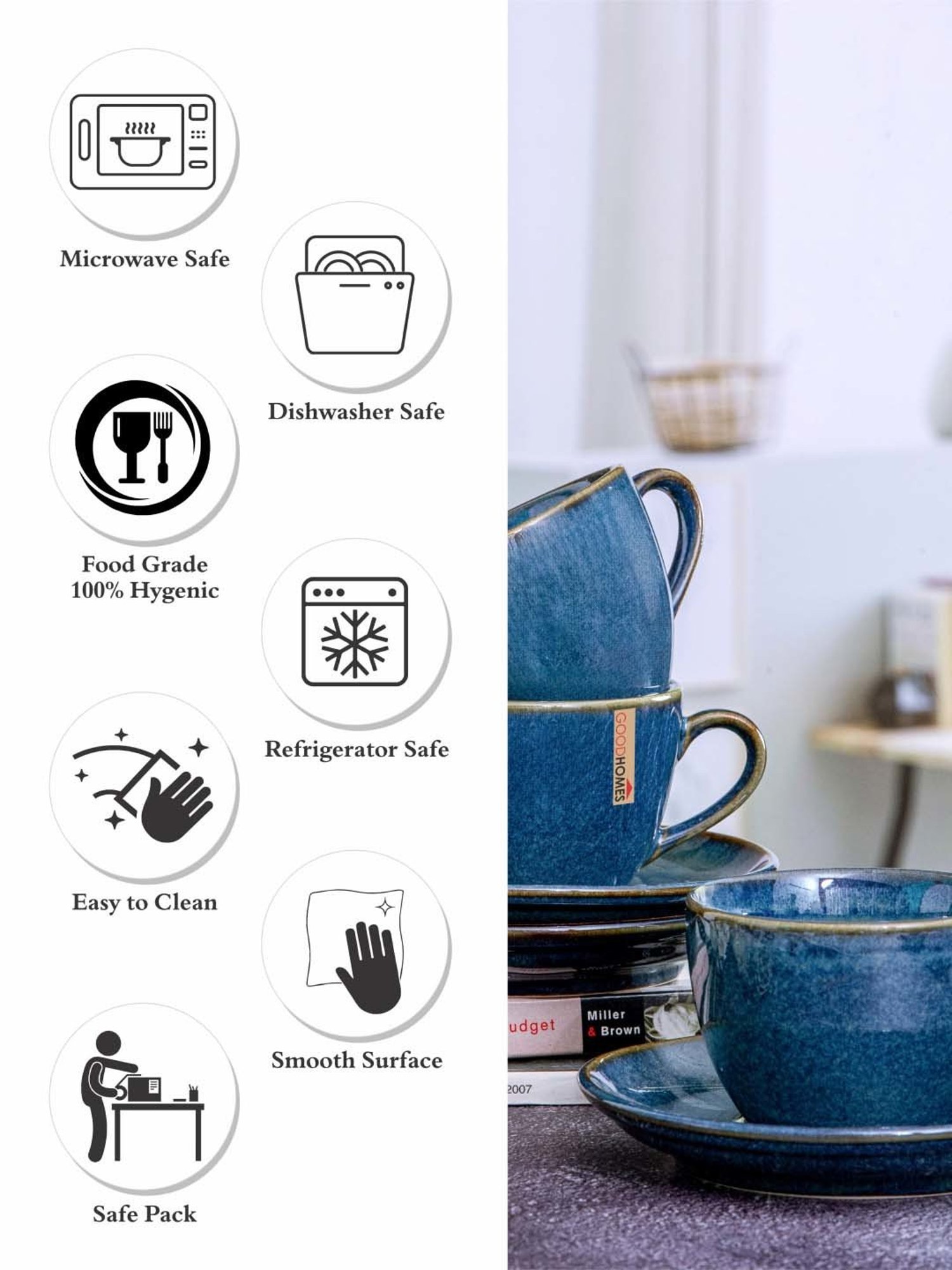 Goodhomes Blue Stoneware 4 Tea Cup & 4 Saucer(0.2 L)