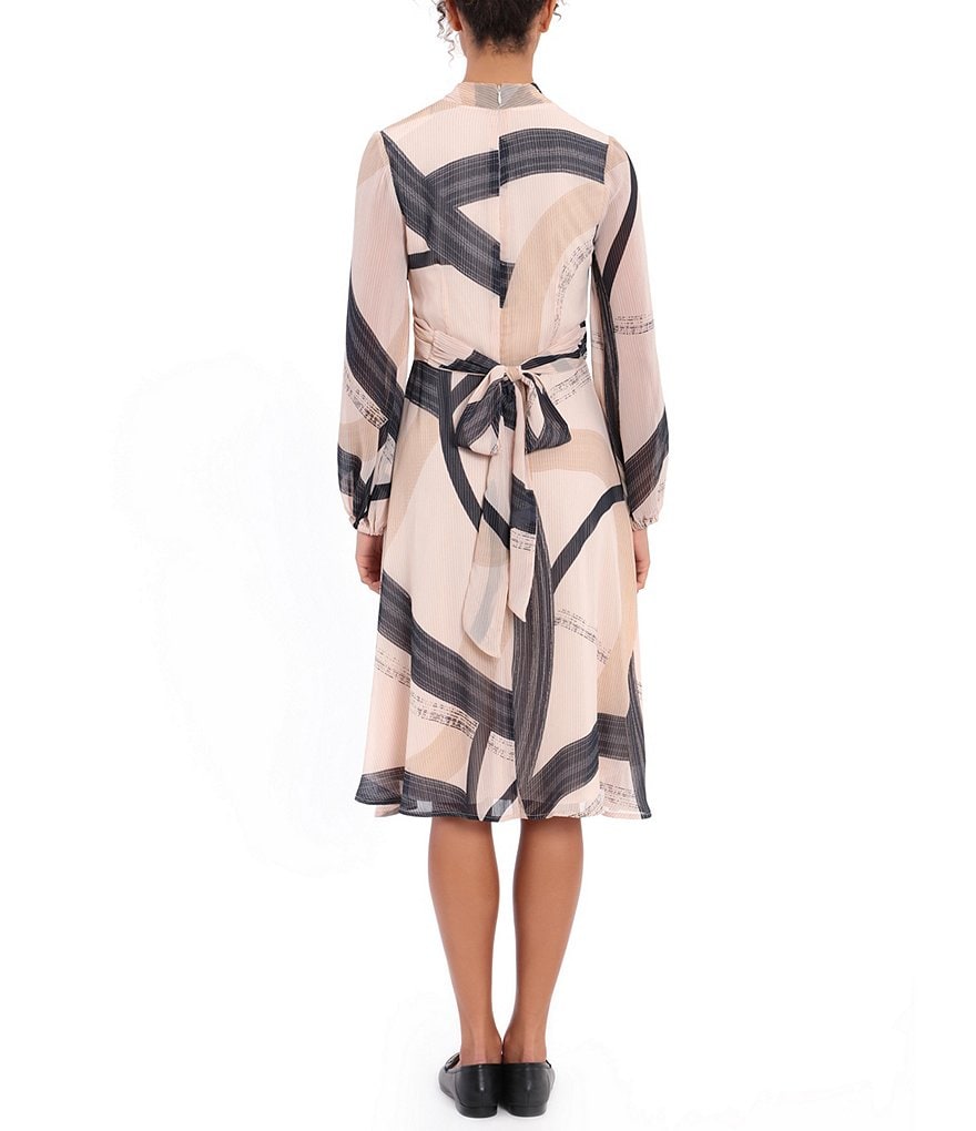 London Times Long Sleeve Criss Cross Tie Back A-Line Dress