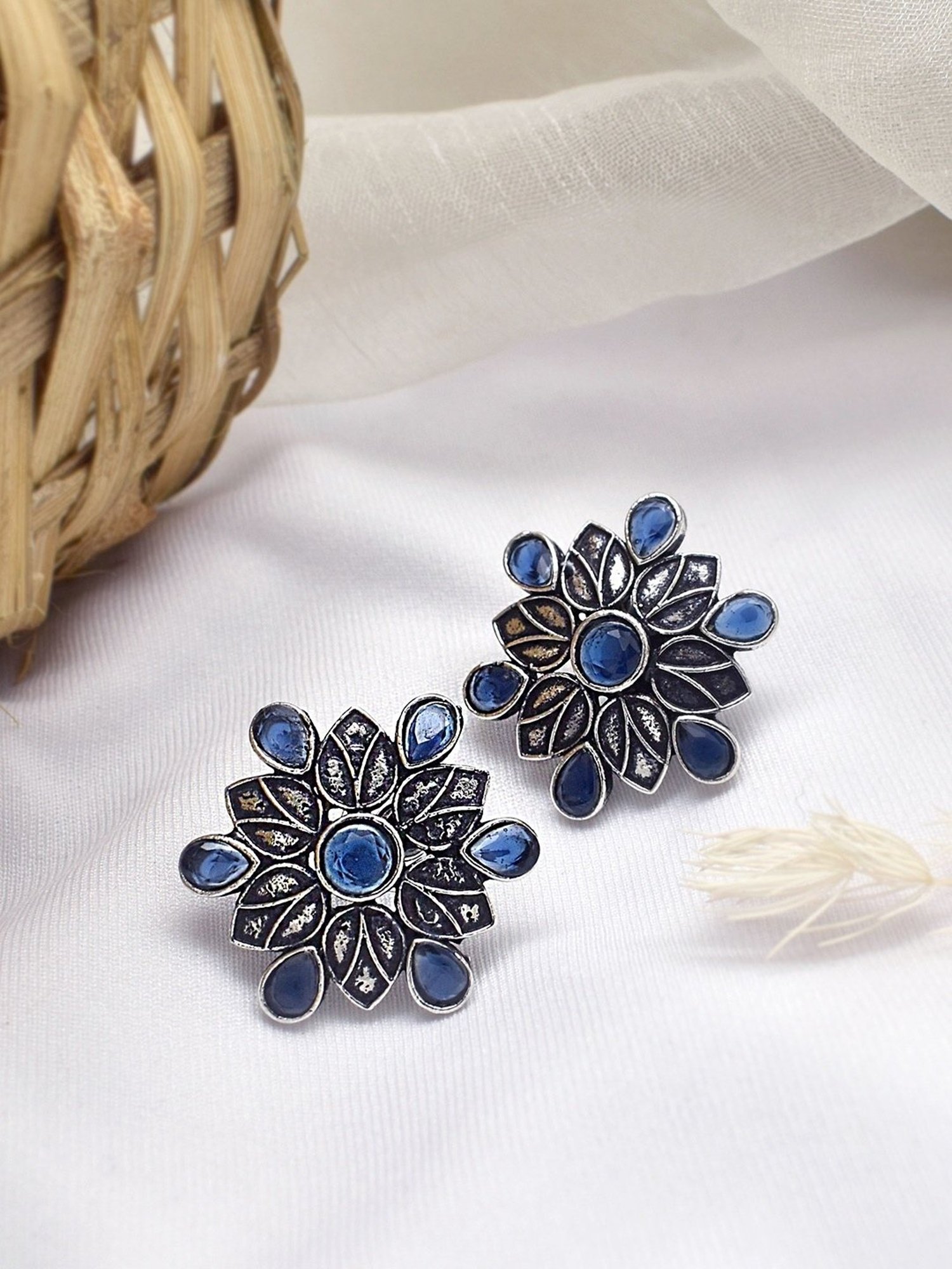 Teejh Ethnic Aashini Blue Stone Silver Oxidized Stud Earrings