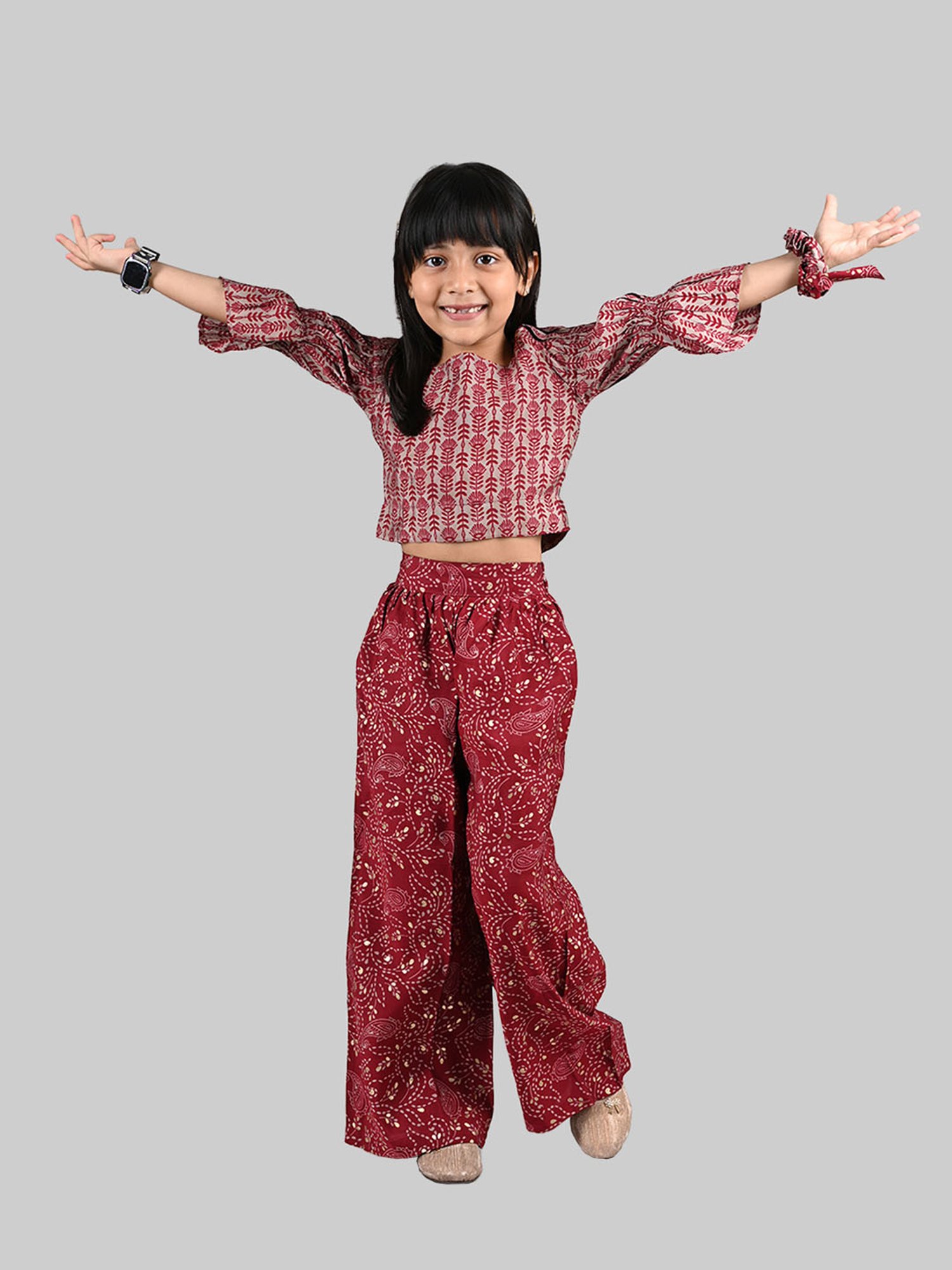 Tales & Stories Kids Grey & Maroon Printed Top, Pants with Dupatta