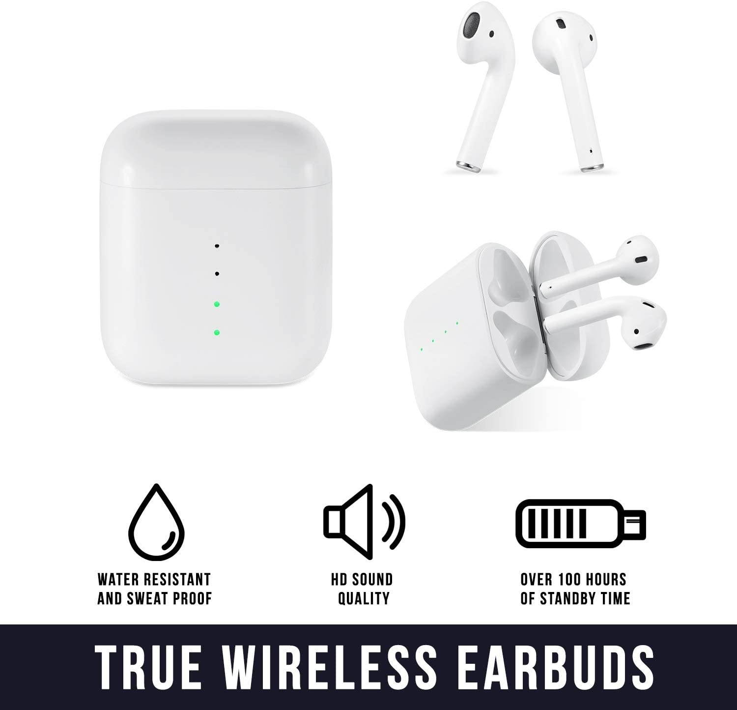 Dartwood True Wireless Earbuds - Portable Splashproof Headphones with Bluetooth Connectivity, Immersive Sound, Mic and Volume Control (White)