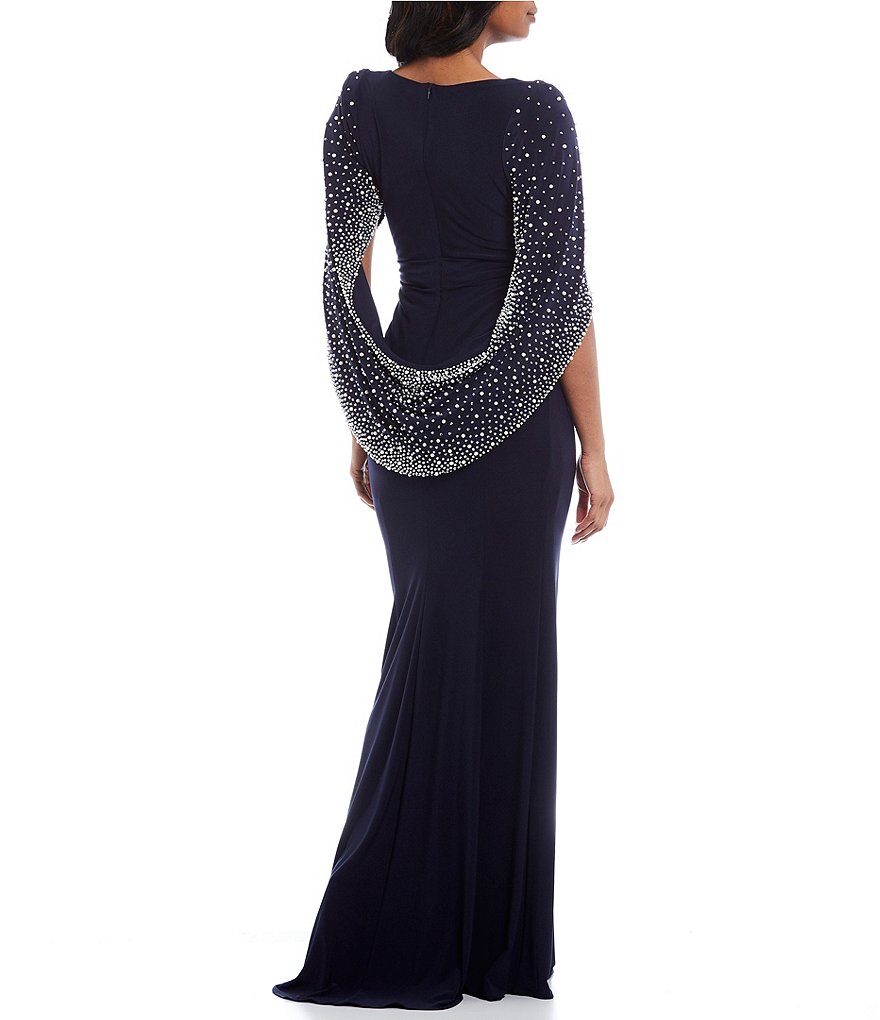 Betsy & Adam V-Neck Drape Back Matte Jersey Gown