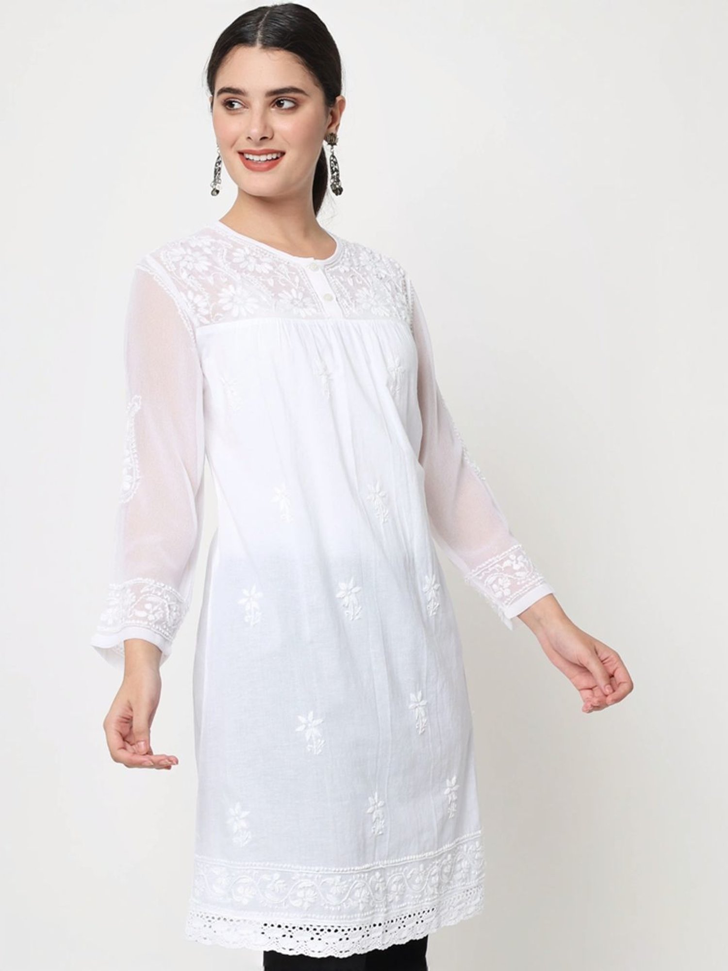 PARAMOUNT CHIKAN White Cotton Hand Embroidered Chikankari A Line Kurti