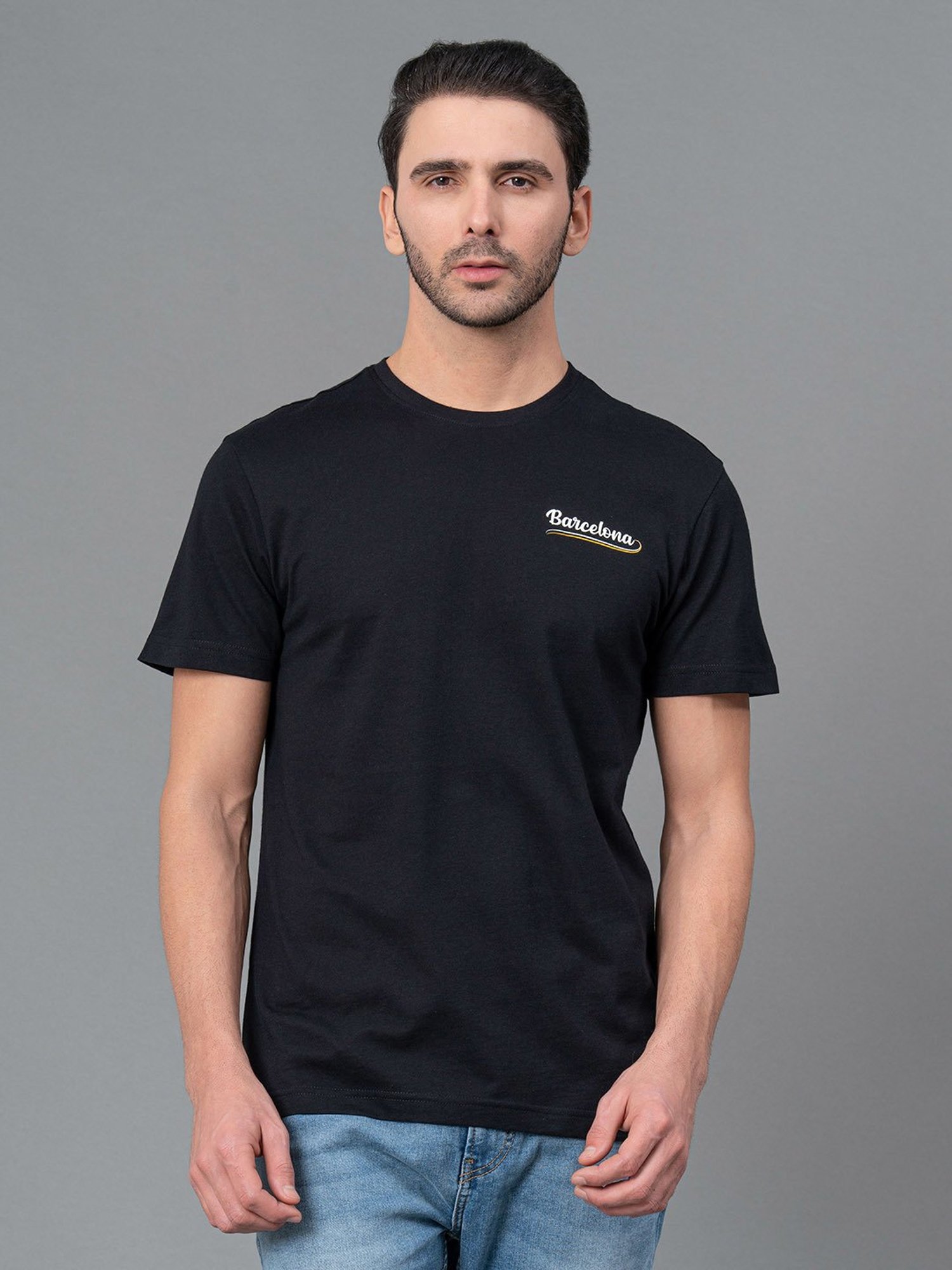 Red Tape Black Regular Fit Printed Cotton Crew T-Shirt