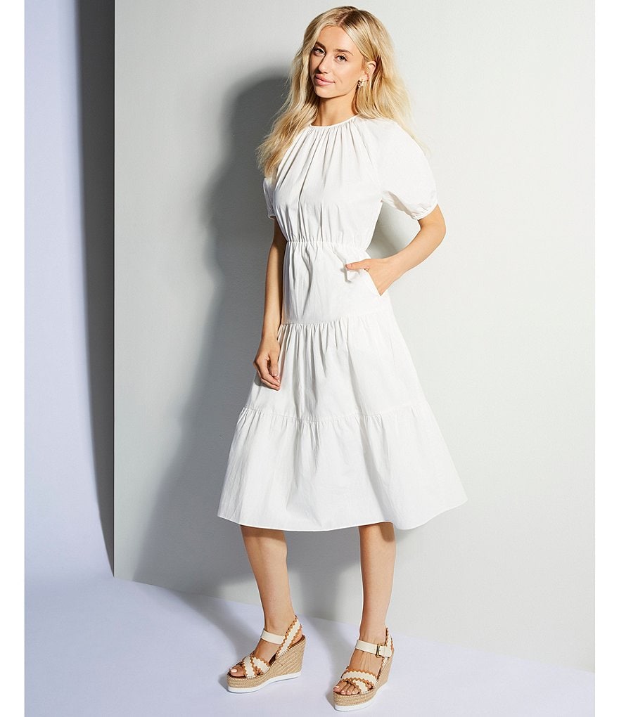 Adelyn Rae Cotton Elastic Waist Tiered Midi Dress
