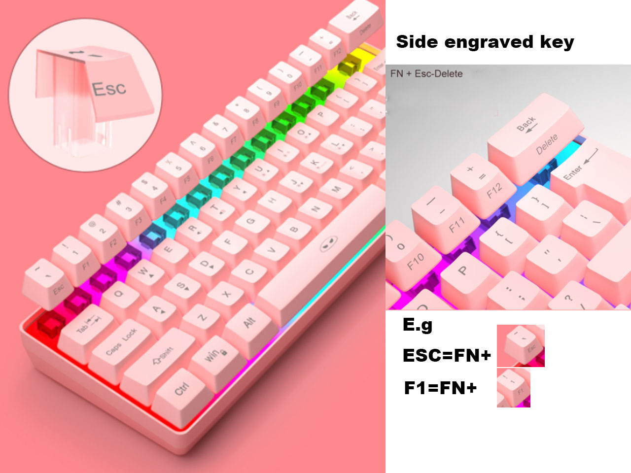 Wireless mini keyboard 61-key mini portable membrane keyboard RGB backlit office keyboard Windows/Mac/laptop keyboard (white)