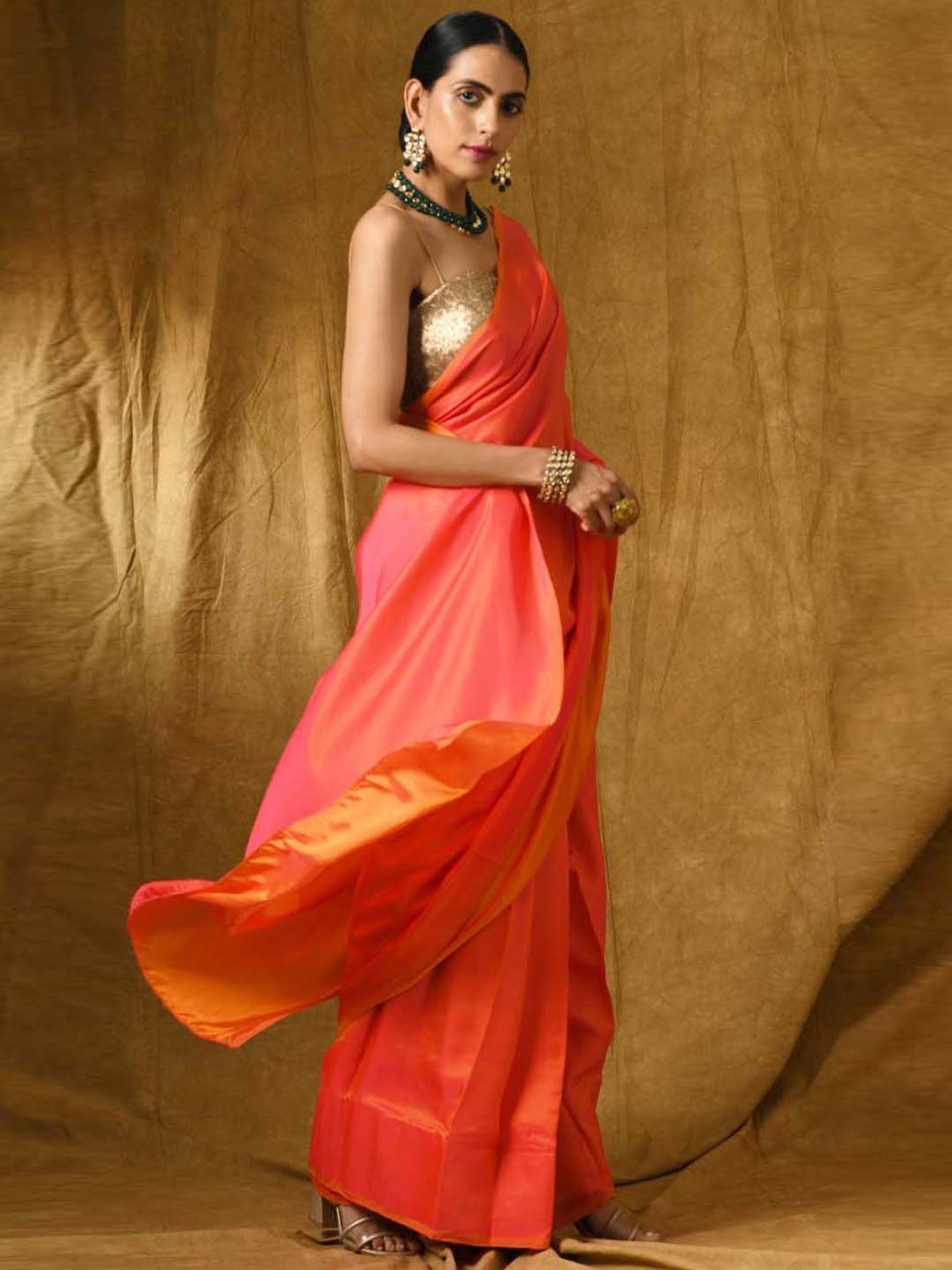 Swtantra Pink & Orange Satin Saree