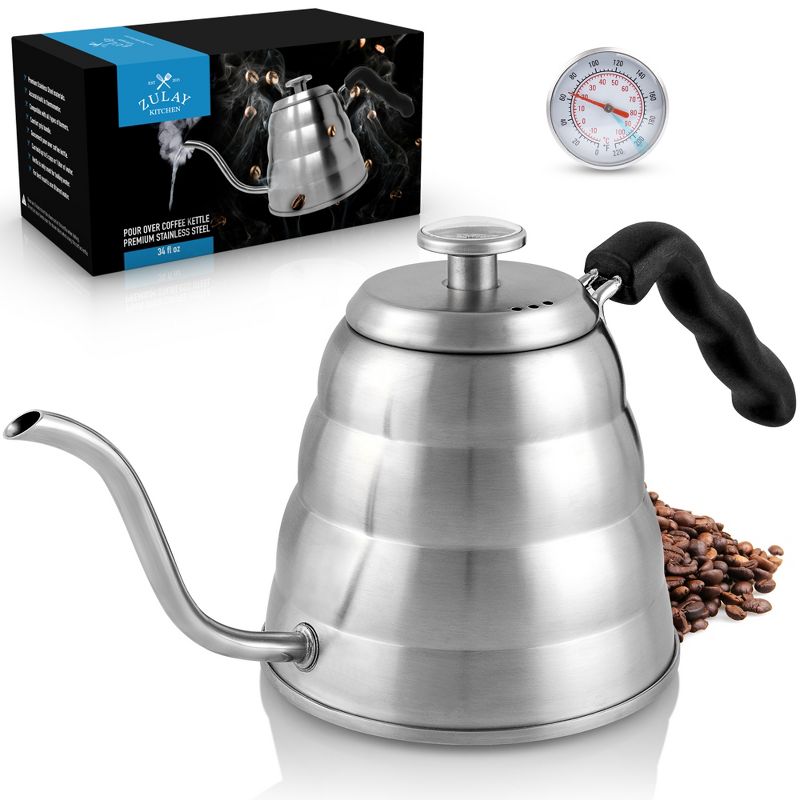 Zulay Kitchen Pour Over Kettle, 34 fl oz | 1 Liter - Top-Grade Stainless Steel Gooseneck Kettle with Built-In Thermometer