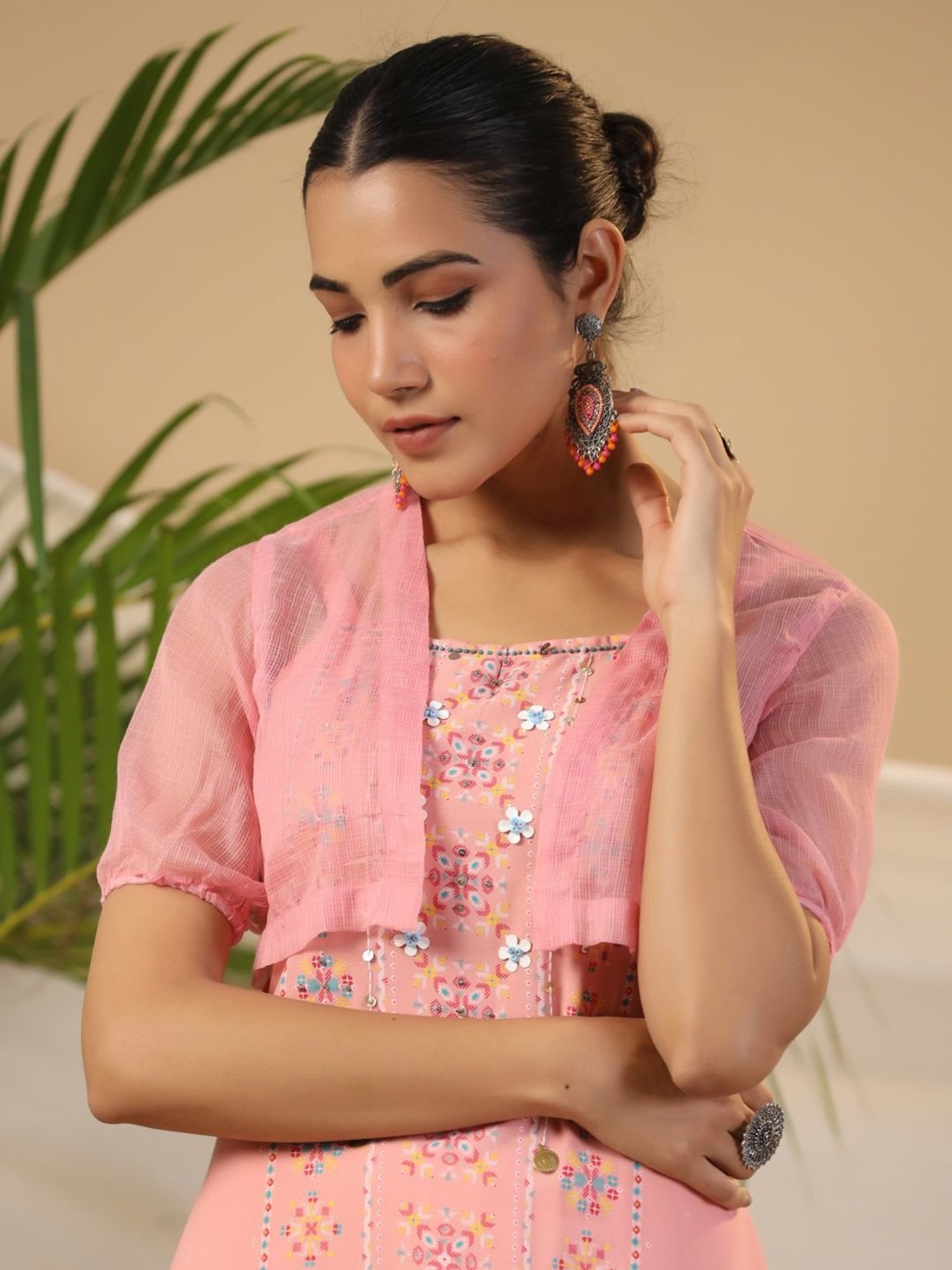 Juniper Peach Geometric Printed Rayon Kurta Pants & Jacket With Sequins Work