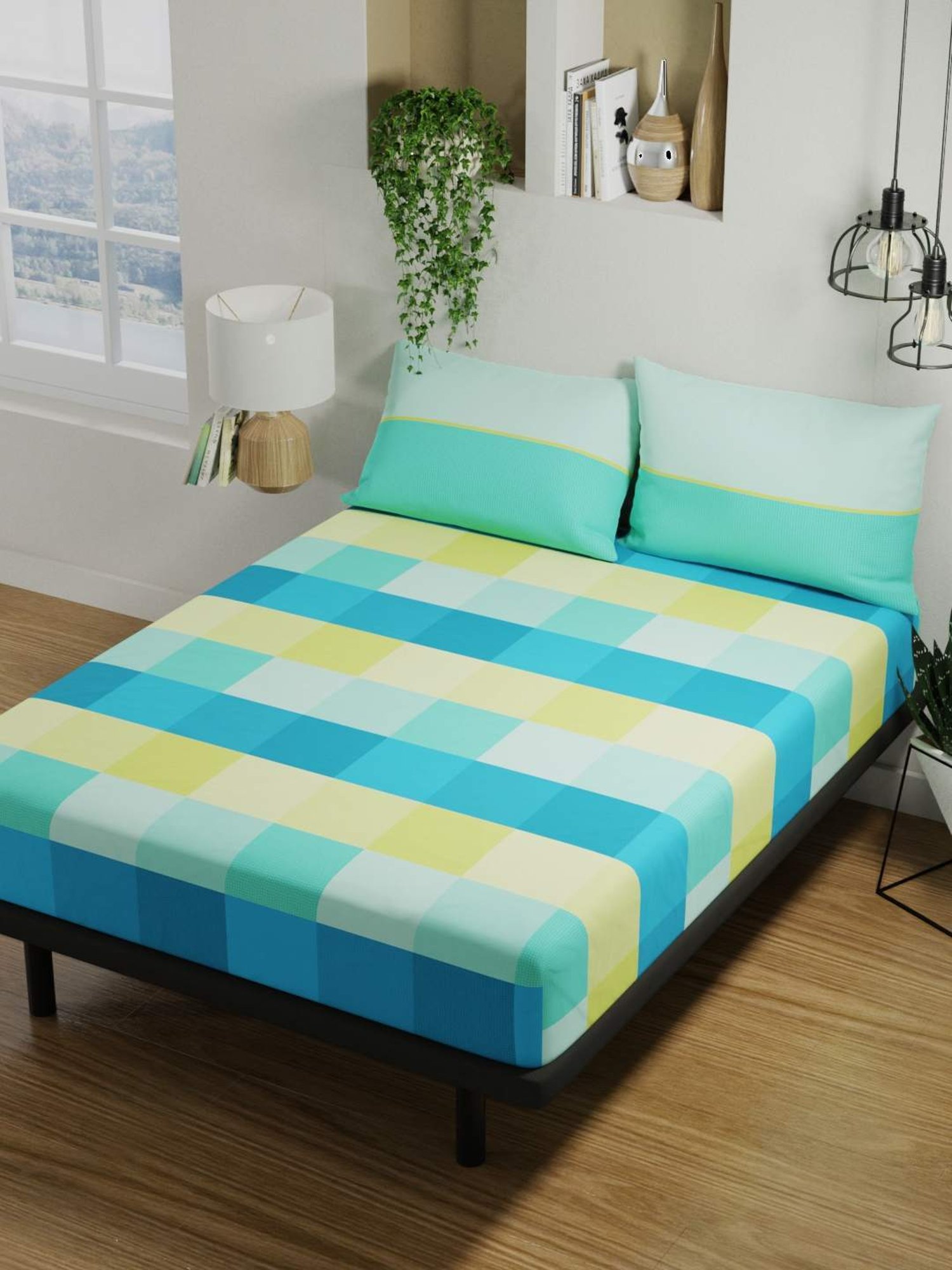 Bianca PLATINUM Checks Teal 144 TC Cotton Double Bedsheet with 2 Pillow Covers