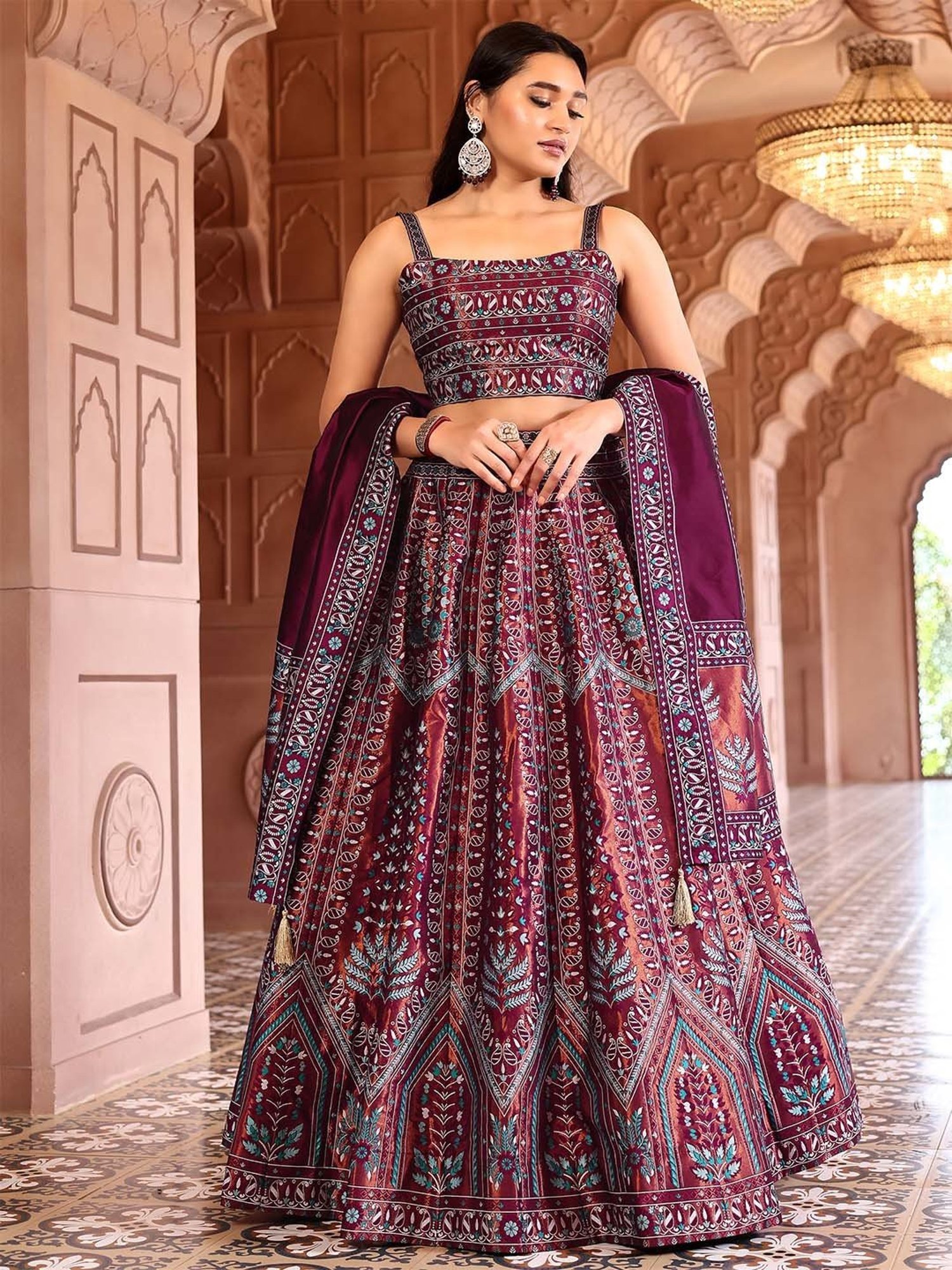 PURVAJA Maroon Woven Lehenga Choli Set With Dupatta