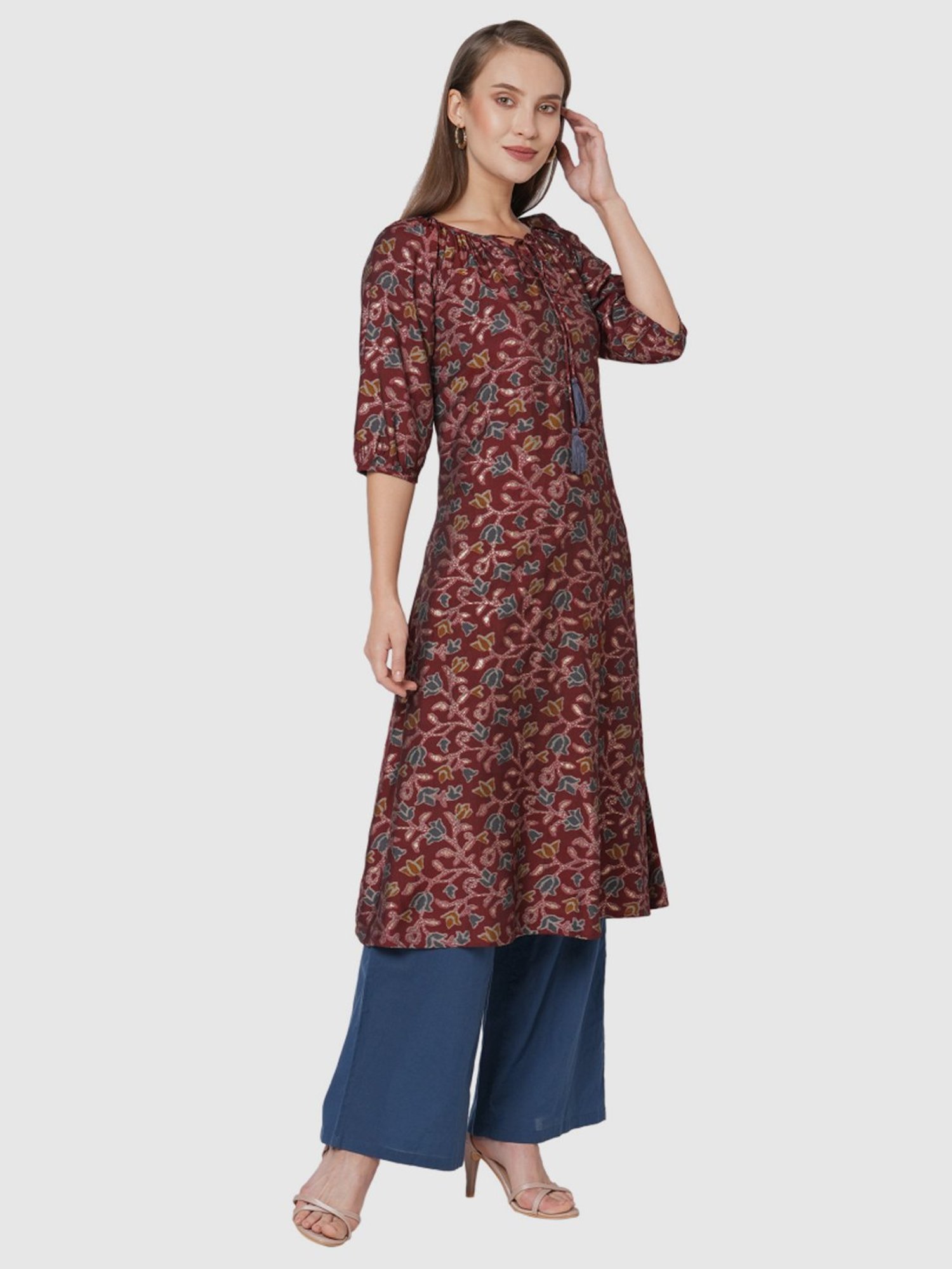 Fusion Beats Maroon Printed A Line Kurta