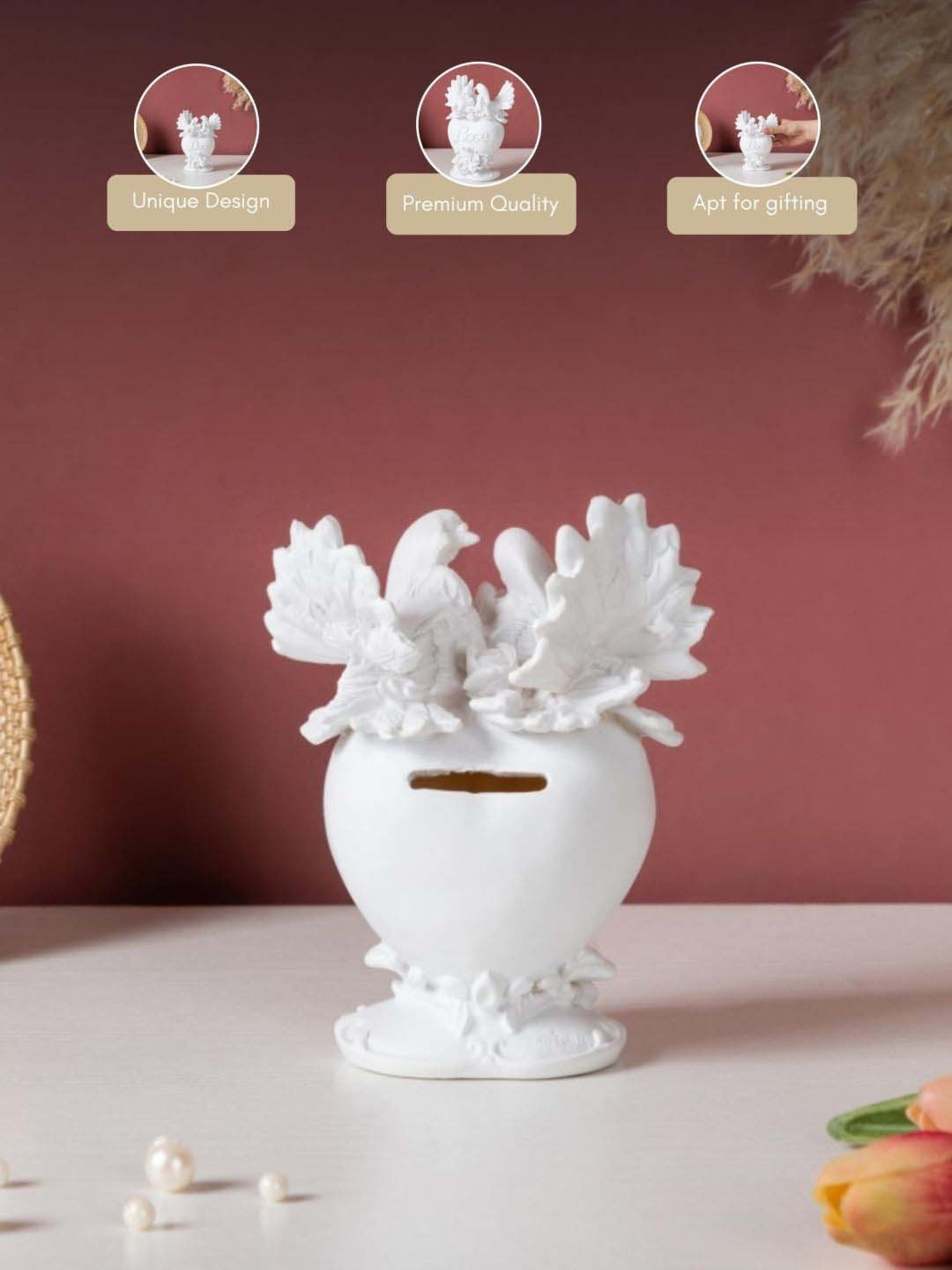 Nestasia Vintage White Resin Made Matte Finish Dove Birds Couple Decor Showpiece For Gifting 5.7"