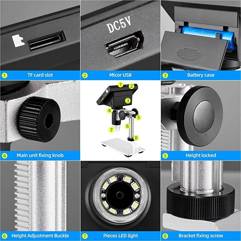LCD Digital USB Microscope 4.3 Inch 10X-1000X Magnification Zoom, 8 LED Adjustable Light, Rechargeable Lithium Battery Camera Video Recorder for Phone Repair Soldering Tool Children Lab Edu