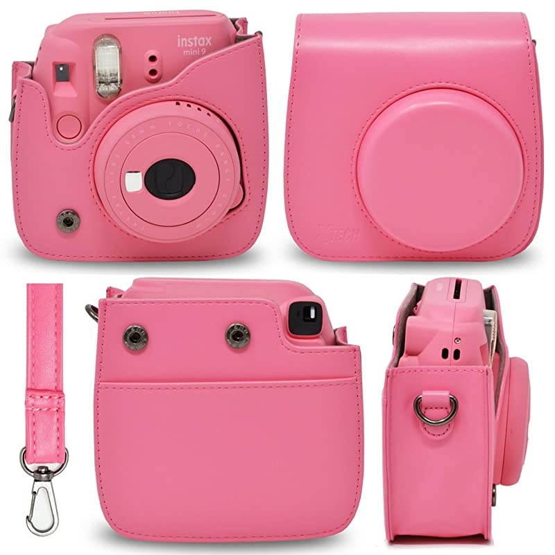 Instax Mini 9 Instant Camera Flamingo Pink + Fuji INSTAX Film (20 Sheets) + Custom Camera Case + Instax Album + 60 Colorful Stickers + 20 Emoji Stickers + Fun Frames + Colored Filters + More