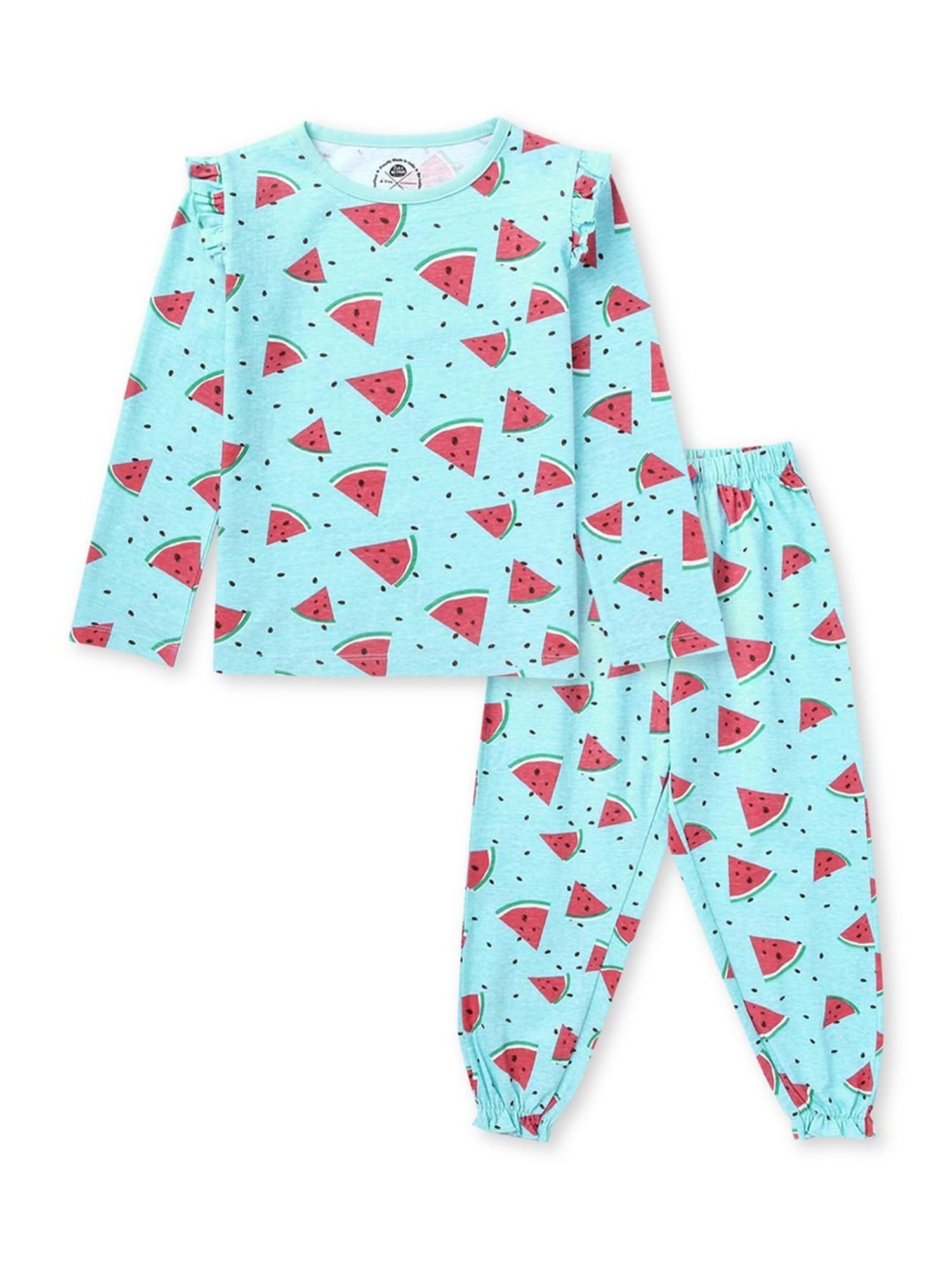 Cub McPaws Girls Aqua Blue & Red Cotton Printed Full Sleeves T-Shirt Set