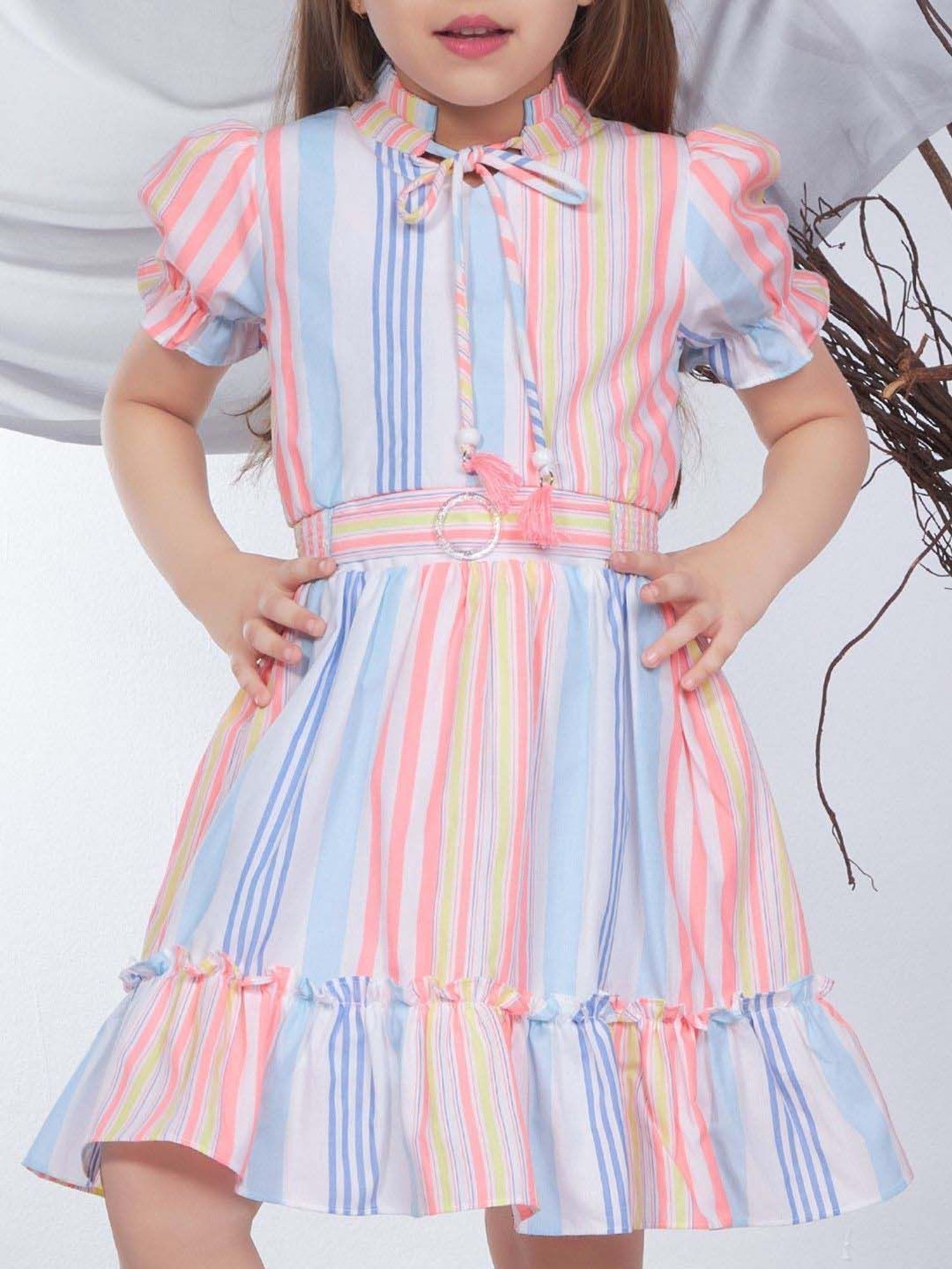 Peppermint Girls Multicolor Cotton Striped Dress