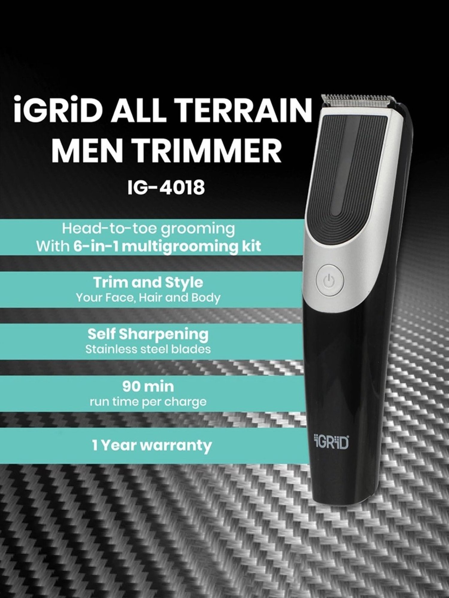 iGRiD IG4018 All Terrain Hair Trimmer with 90 Min Runtime Stainless Steel Blades (Black & Silver)