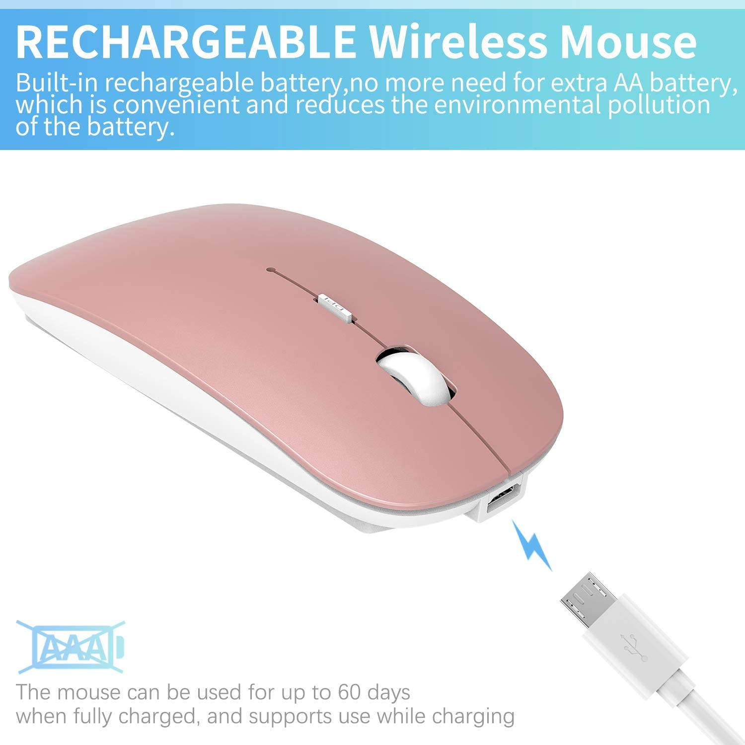 2.4GHz Wireless Bluetooth Mouse, 3 Adjustable DPI, Dual Mode Slim Rechargeable Wireless Mouse Silent USB Mice,Compatible for Laptop Windows Mac Android MAC PC Computer (Silver)