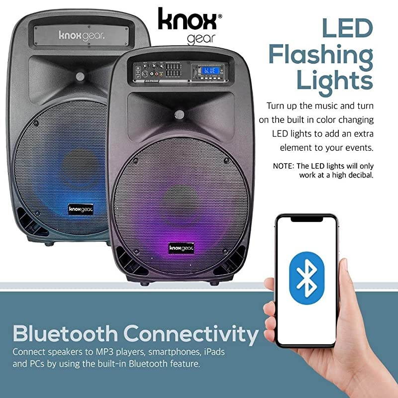 Dual 15" Speakers, 600 Watt - 8 Piece Portable PA System - Microphone, Tripods, Remote Control - Bluetooth, USB, SD Card, RCA and 1/4" Inputs - Colorful LED Lights