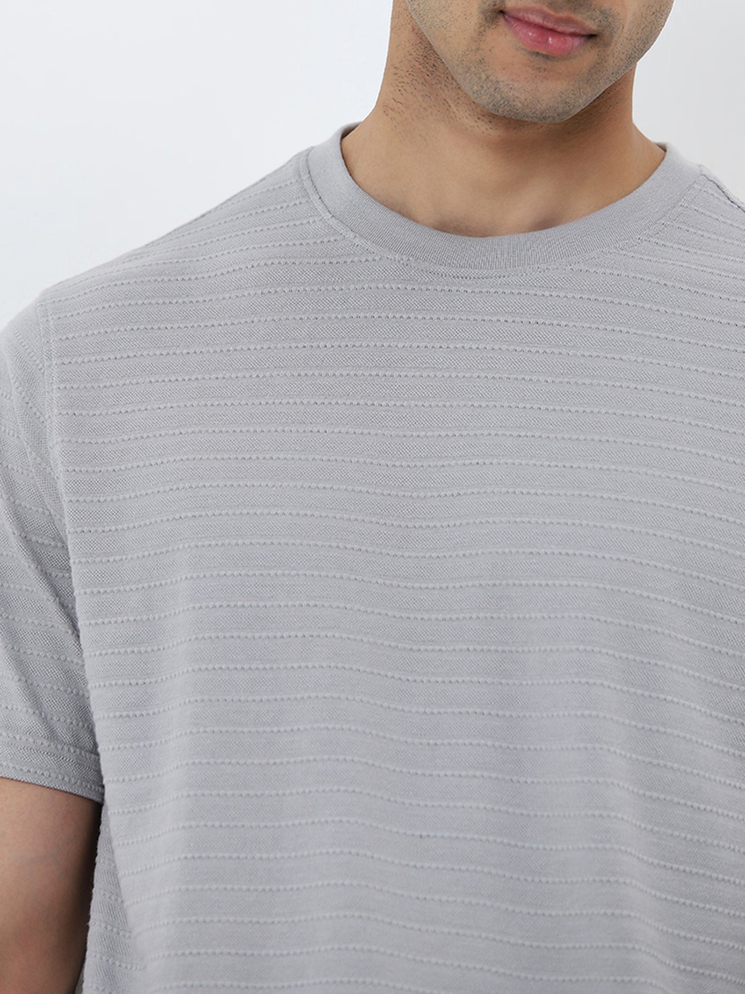 WES Lounge by Westside Grey Self-Striped Relaxed-Fit Cotton T-Shirt