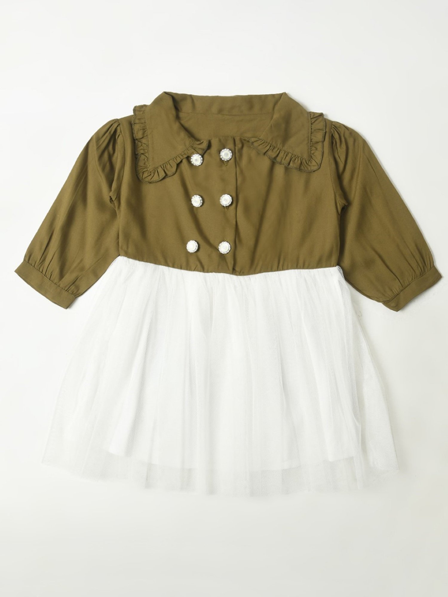 Bella Moda Kids Olive & White Solid Full Sleeves Fit & Flare Dress