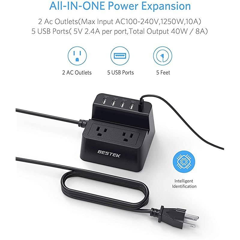 40W 8A 5-Port USB Charging Station 1700 Joule 2-Outlet Power Strip Surge Protector with 5-Feet Cord, Black