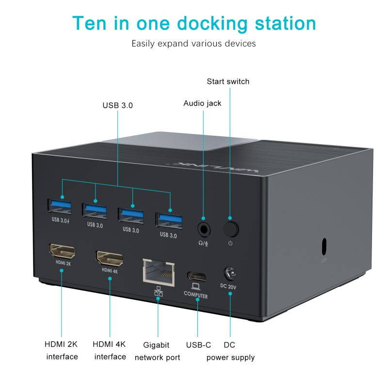 Wavlink USB-C 4K Dual Display Universal Docking Station with 65W PD Charging, 100W Power Adapter, 4 USB 3.0, BC 1.2 fast charging, Build in USB 3.0 GPU, Gigabit Ethernet, Audio, Mic, Easy Set Up