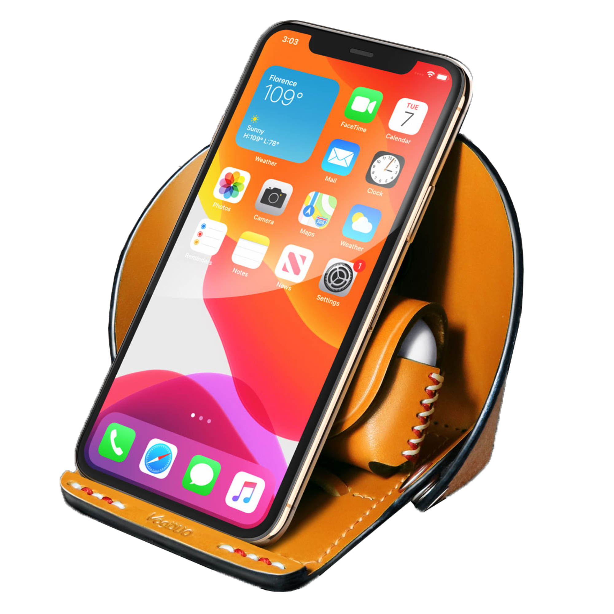 VogDUO- Genuine Leather Stand, MagSafe Charger cable-secured design, Foldable, lightweight, multi-angle, Compatible with iPhone 8 to iPhone 12 Pro Max, Google Pixel, Samsung Galaxy