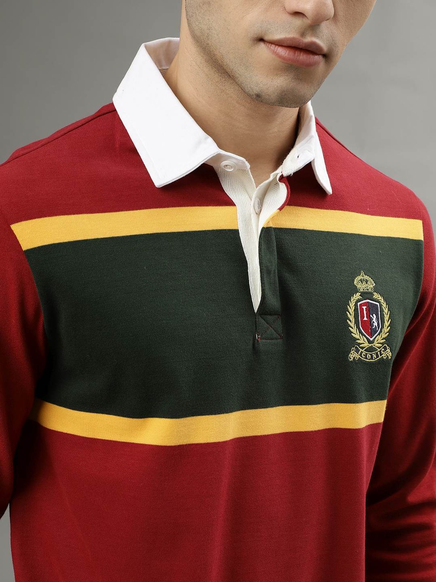 Iconic Red Cotton Regular Fit Colour Block Polo T-Shirt