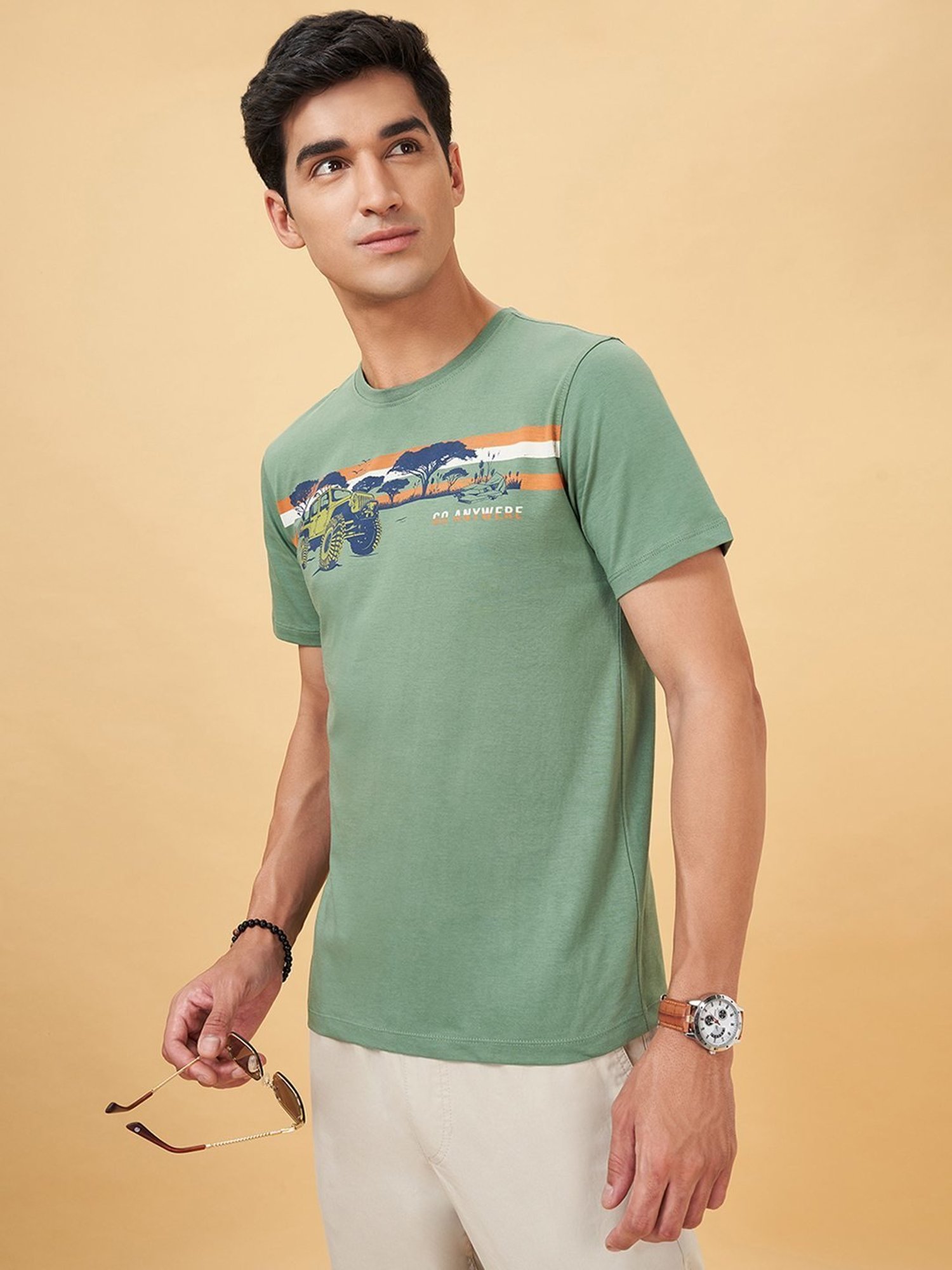 Urban Ranger By Pantaloons Mineral Blue Cotton Slim Fit Printed T-Shirt