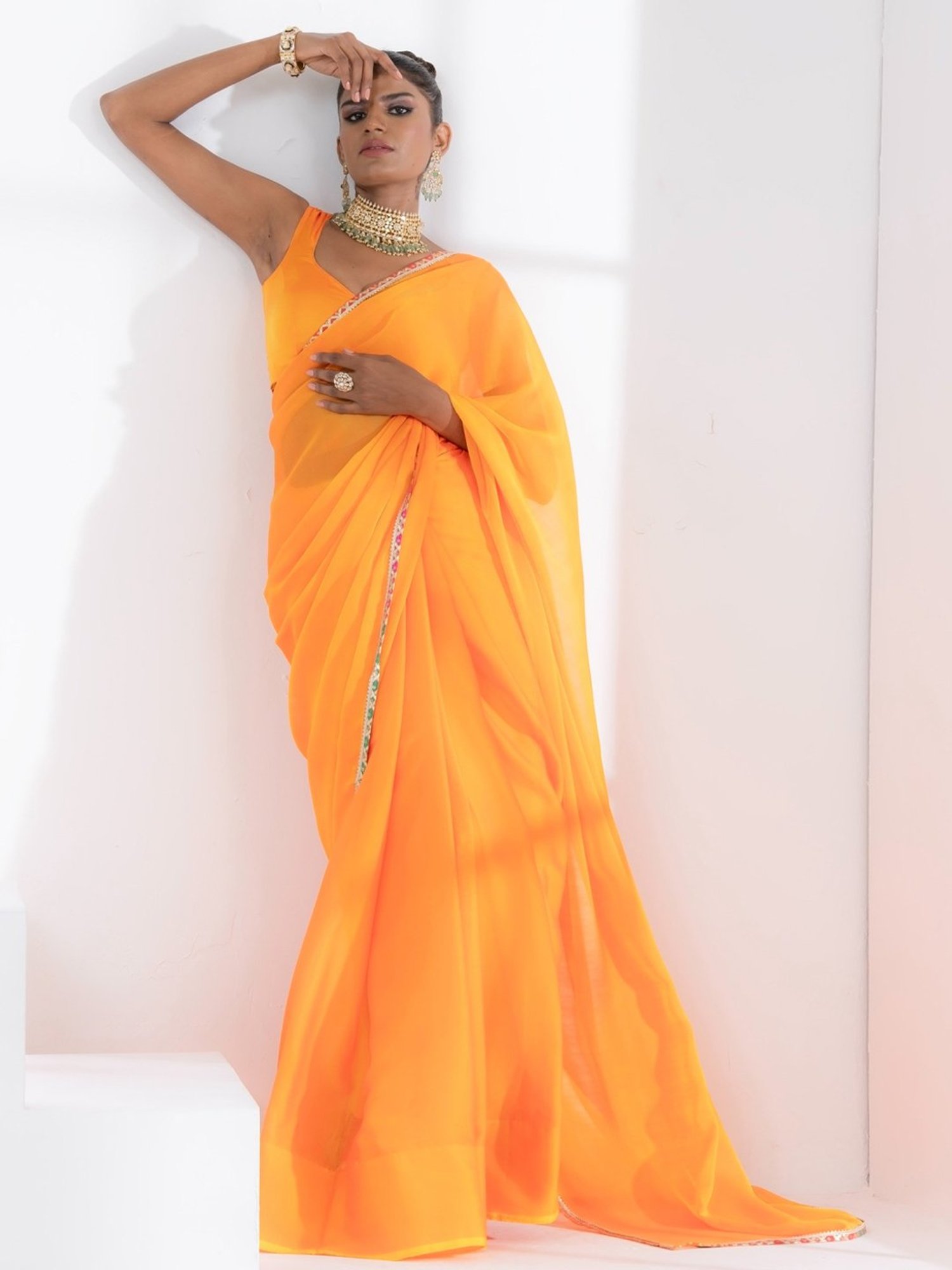 Swtantra Yellow Plain Saree With Unstitched Blouse