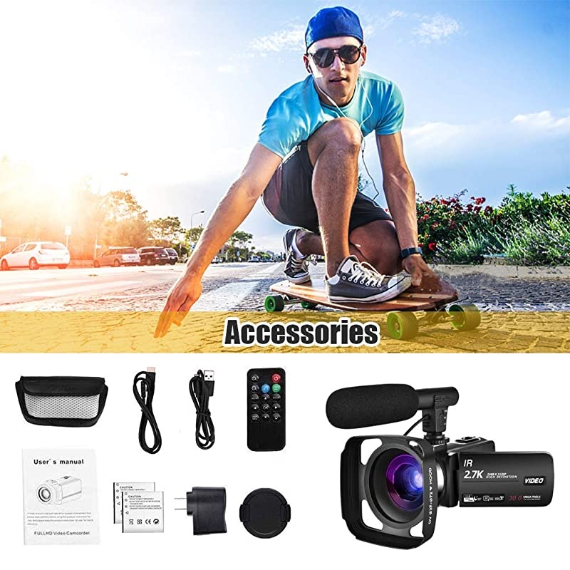 Camera Camcorder Vlogging Camera for Youtube Full HD 2.7K 30FPS 30 MP IR Night Vision 3 Inch Touch Screen Time-Lapse Camcorder with Microphone Remote Control Lens Hood and 2 Batteries